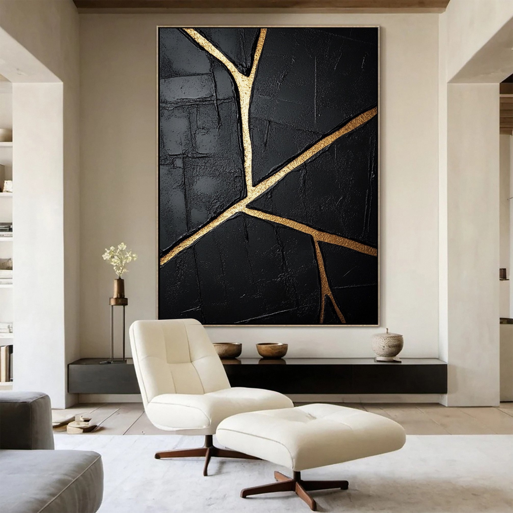 Modern Black and Gold Textured Painting for Elegant Home Interiors #BM 062