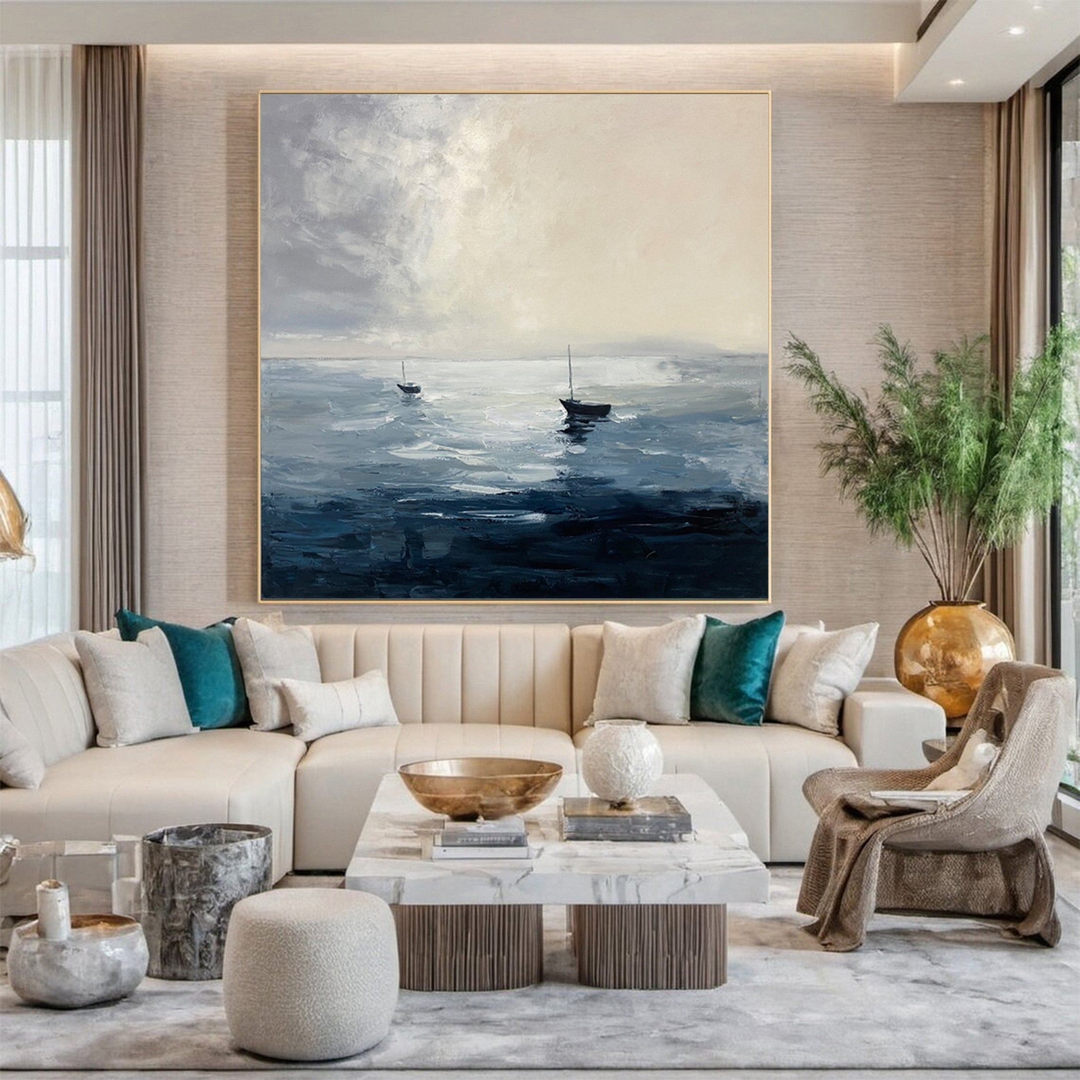 Minimalist Marine Art with Two Boats on a Calm, Cloudy Sea #BGA 280