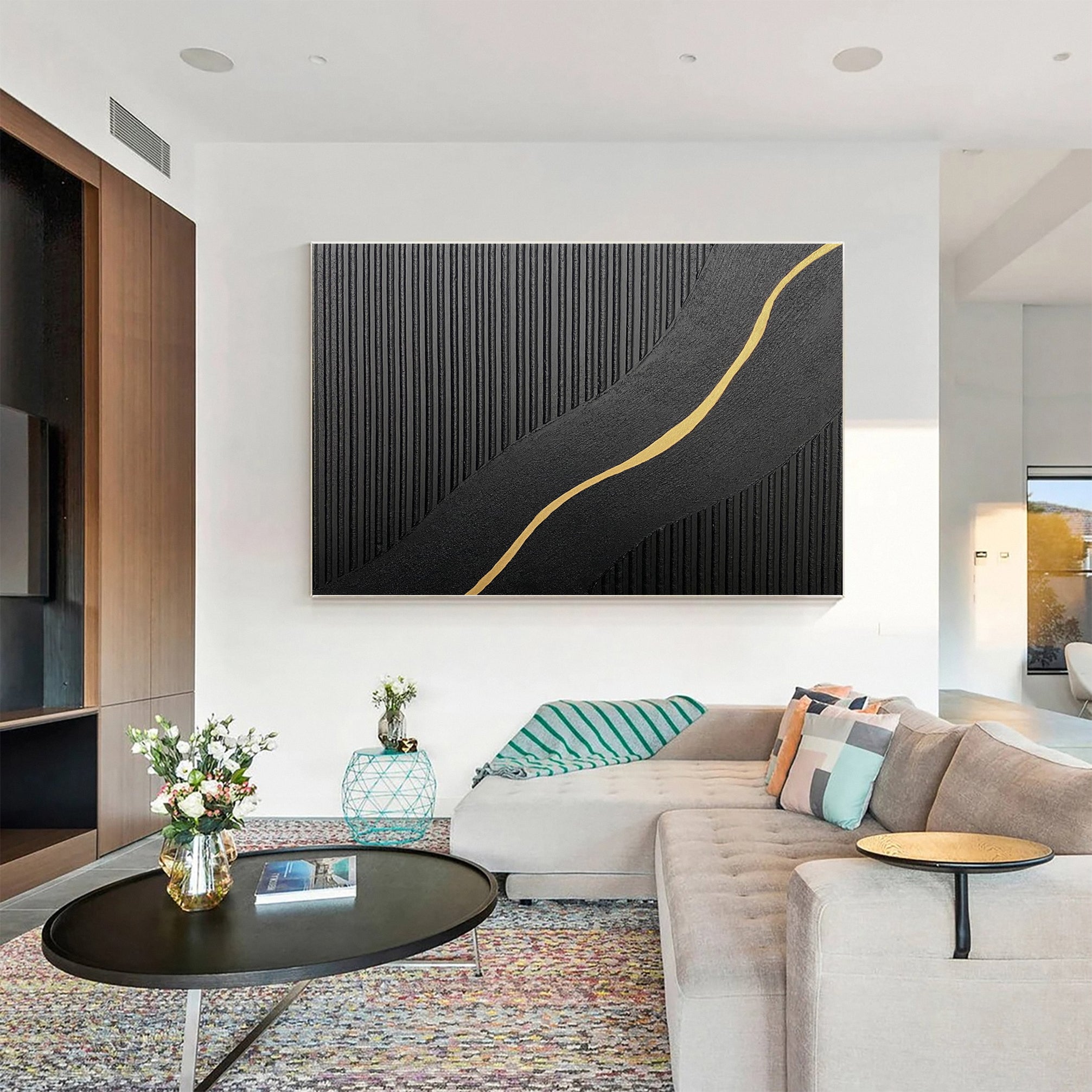 Contemporary Black Impasto with a Diagonal Line of Gold #BGA 227