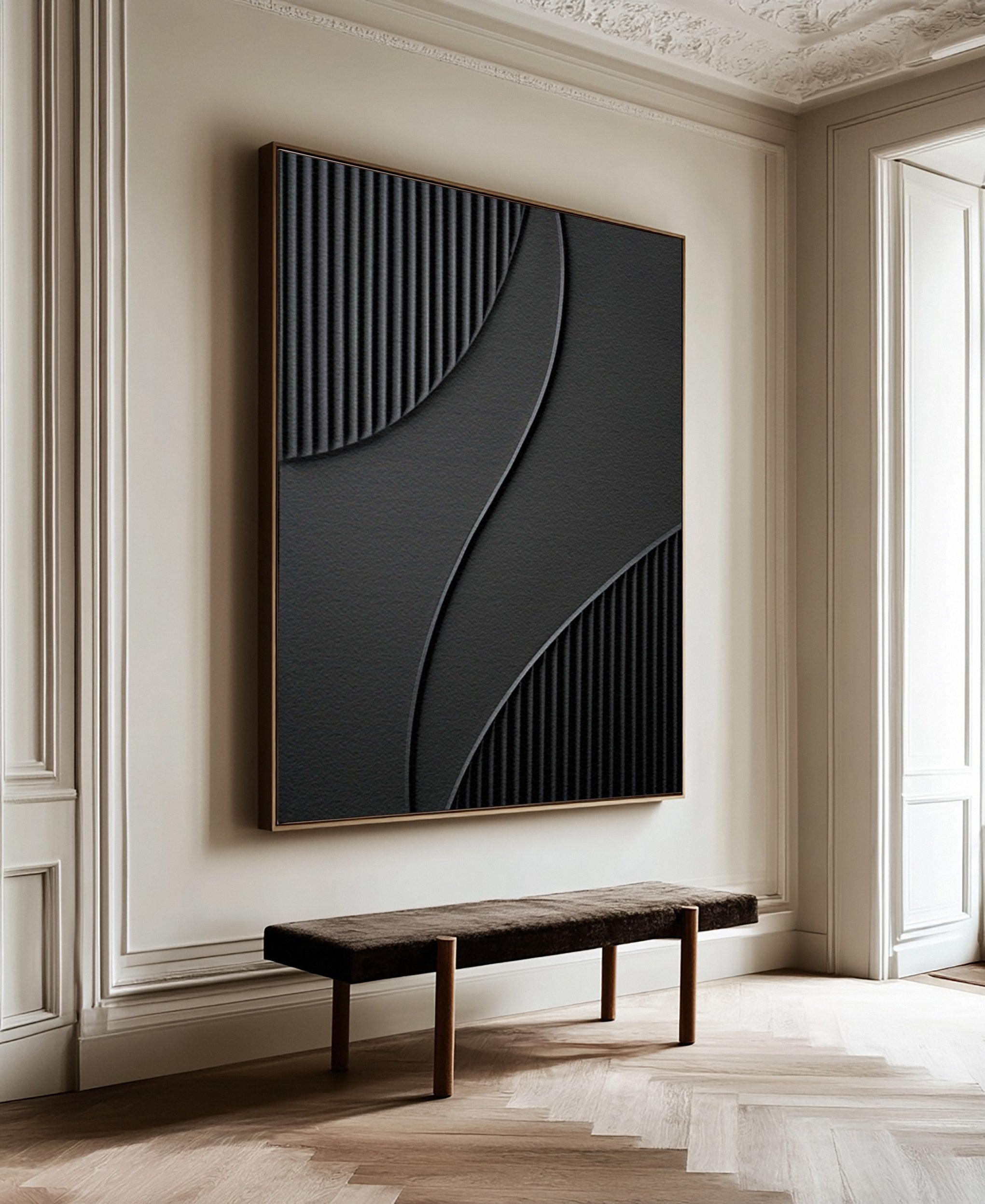 Modern Painting with Tactile Grooves and Flowing Black Forms #BGA 245