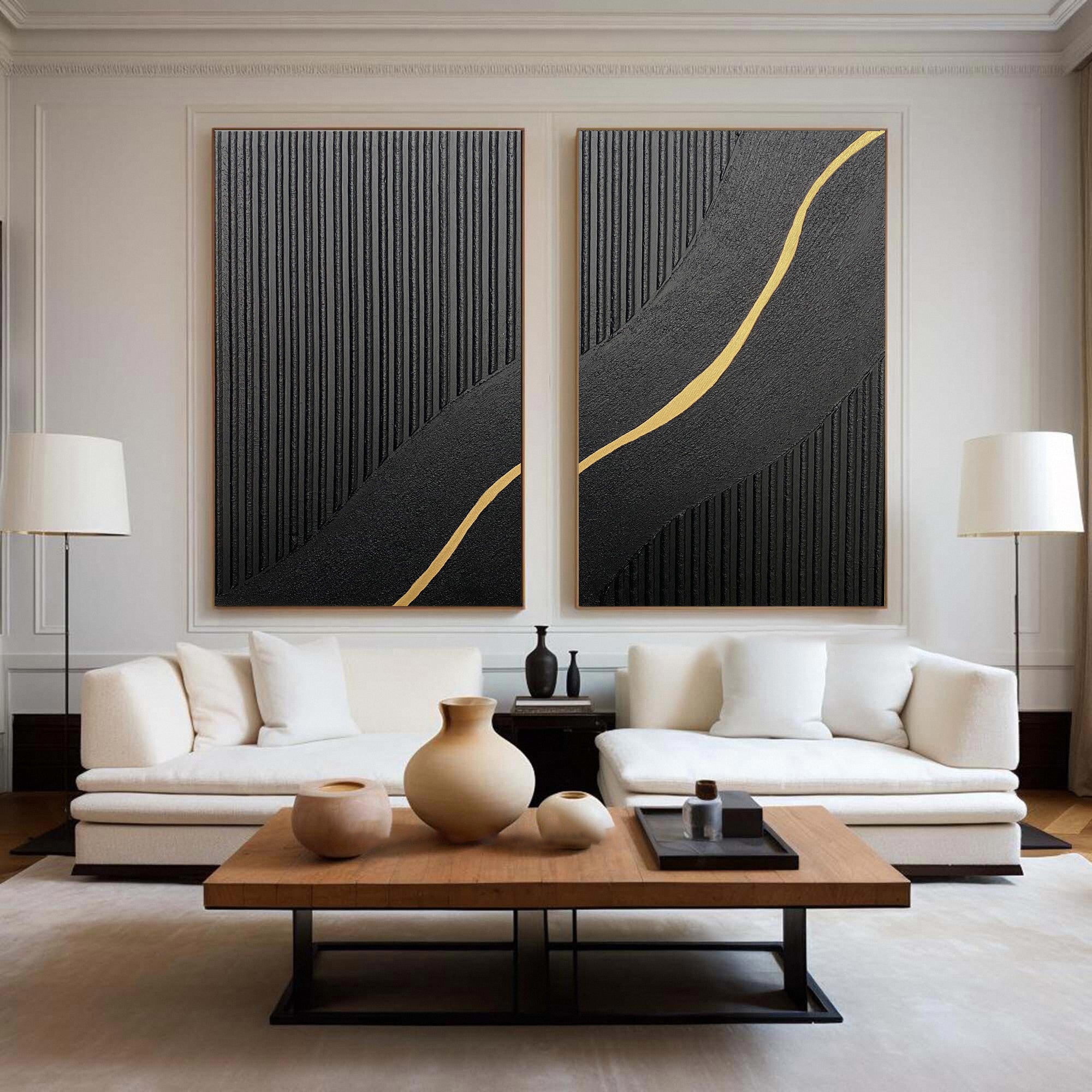 Contemporary Black Impasto Diptych with Flowing Gold Current #BGA 228