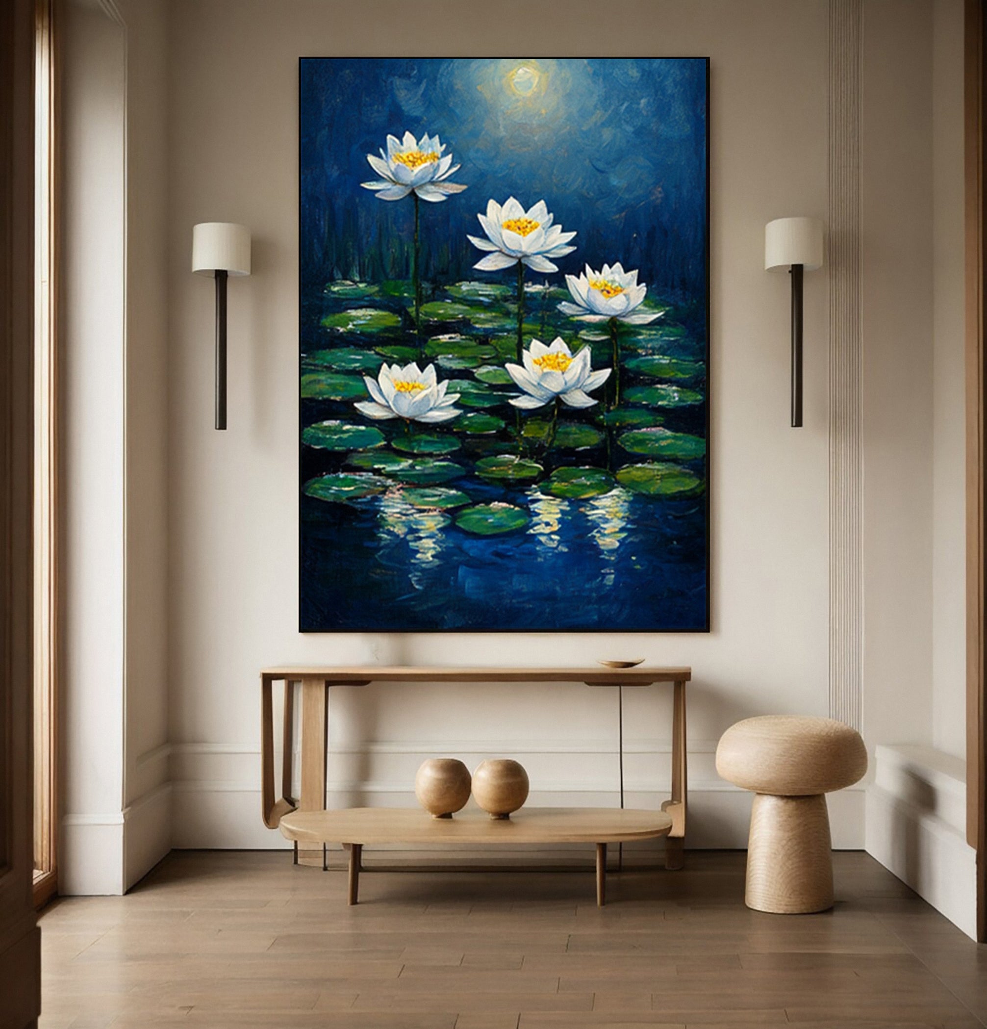 Modern Painting with Soft Light Illuminating Lilies on Dark Water #BGA 277