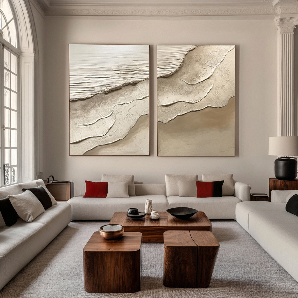 Minimalist Neutral Beach Diptych with Tactile Sand Patterns #BGA 217
