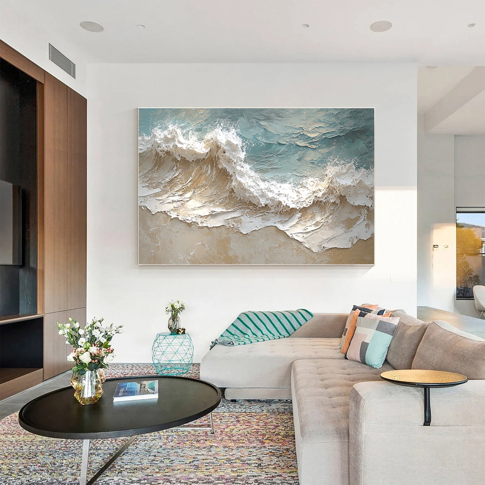 Textured Seascape Painting Blue White Sand Modern #WG 037