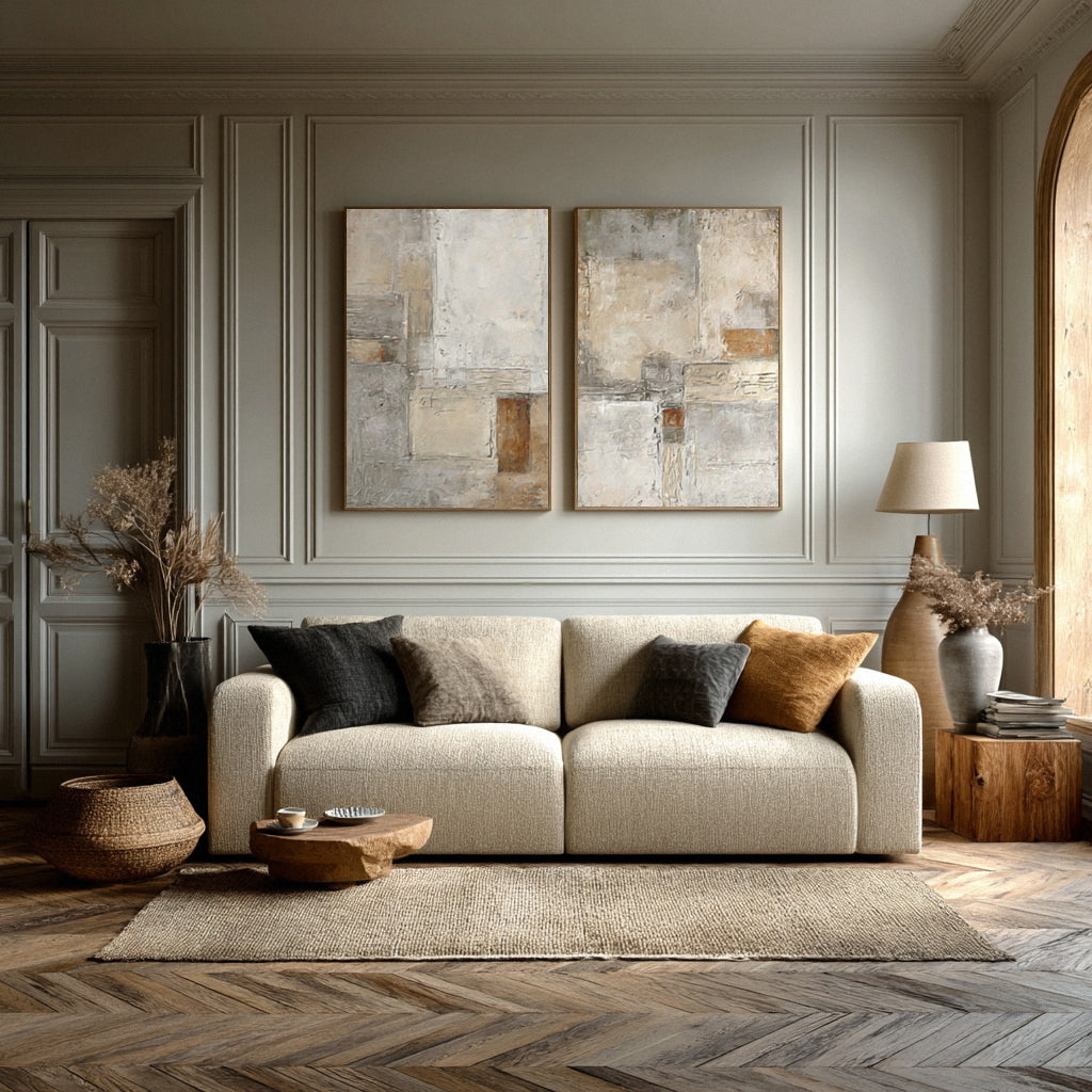 Large Beige & Gray Abstract Wall Decor Set of 2  #WG 014