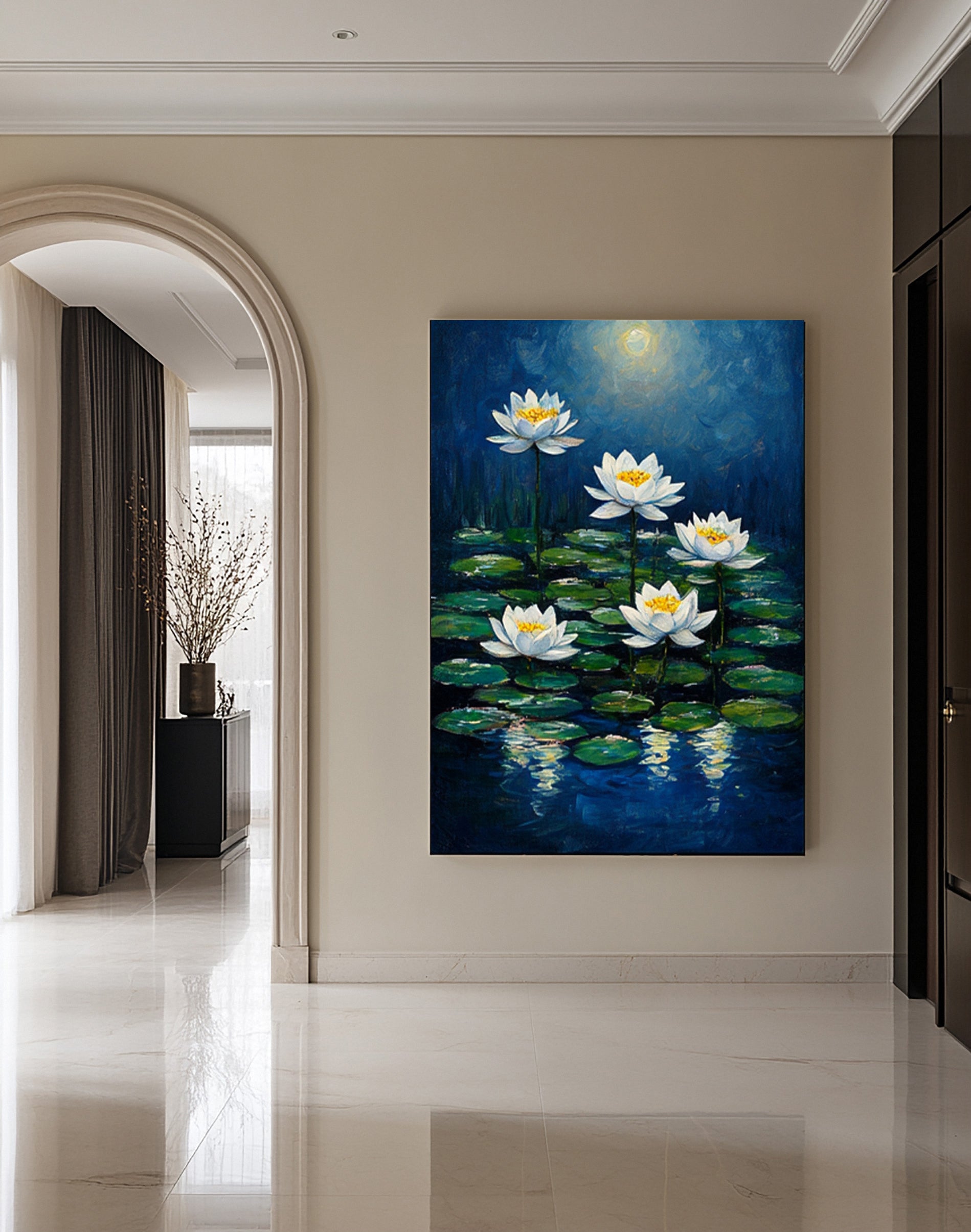 Modern Painting with Soft Light Illuminating Lilies on Dark Water #BGA 277