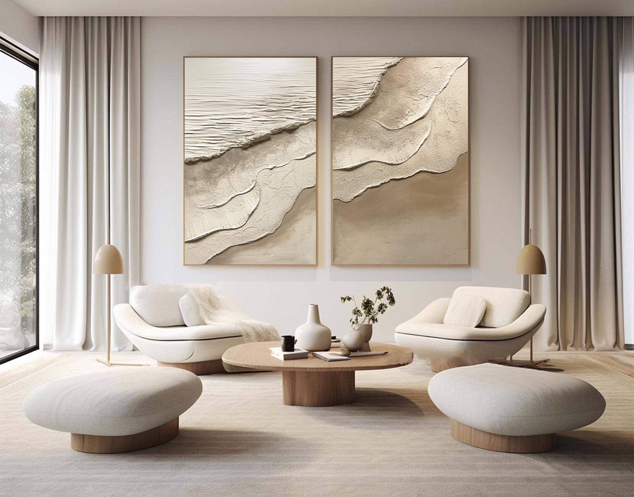 Minimalist Neutral Beach Diptych with Tactile Sand Patterns #BGA 217