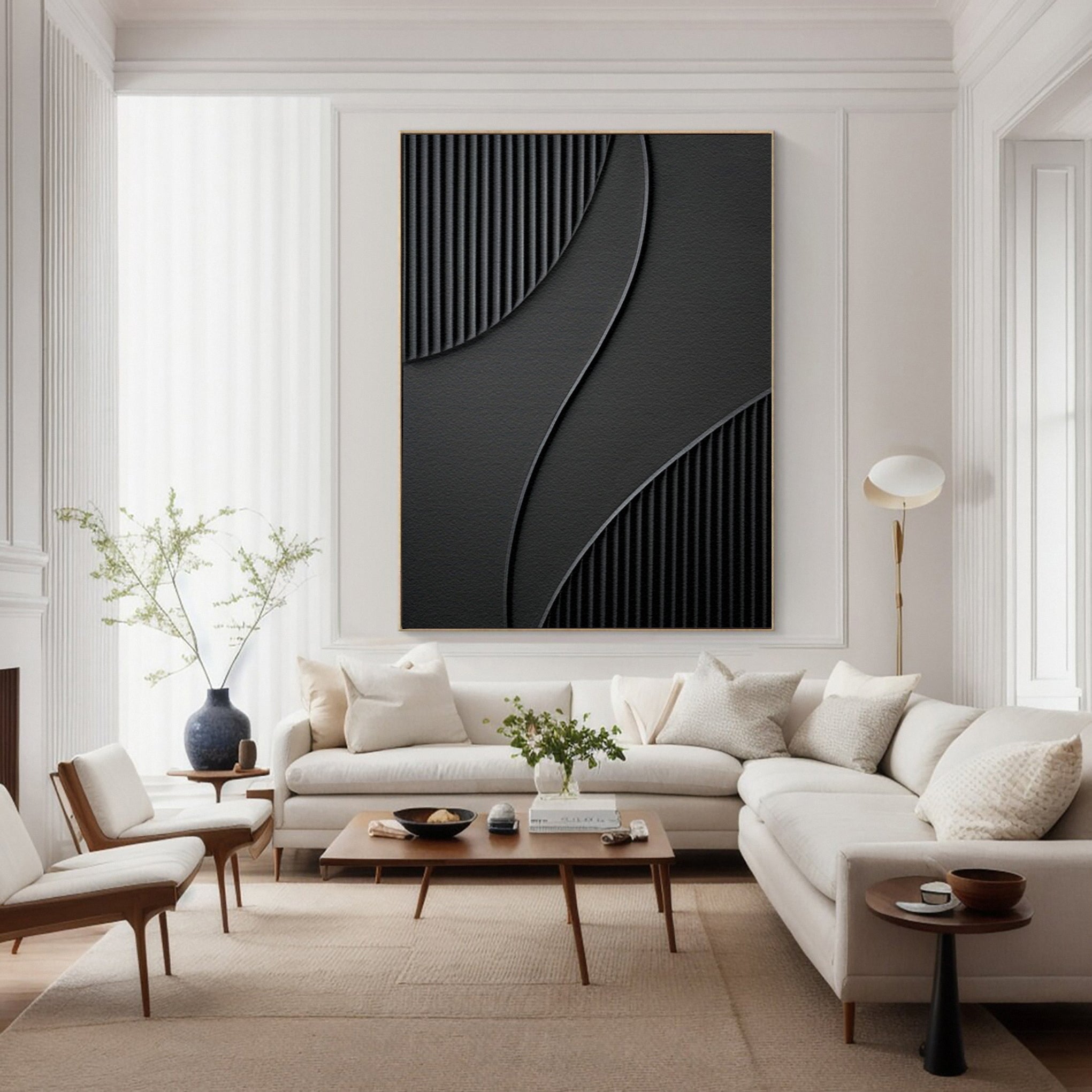 Modern Painting with Tactile Grooves and Flowing Black Forms #BGA 245