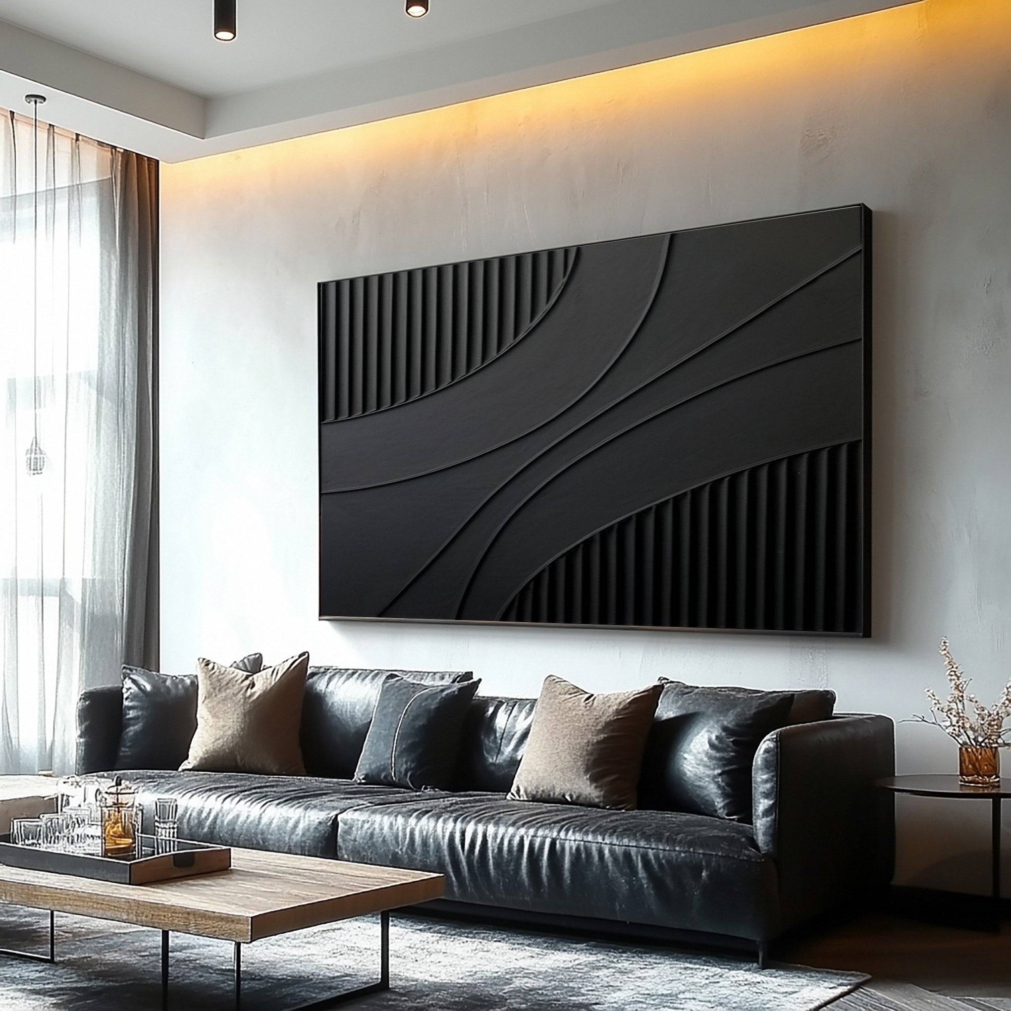 Large Black Art with Sculpted Lines and Overlapping Shapes #BGA 247
