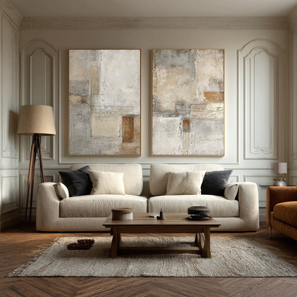 Large Beige & Gray Abstract Wall Decor Set of 2  #WG 014