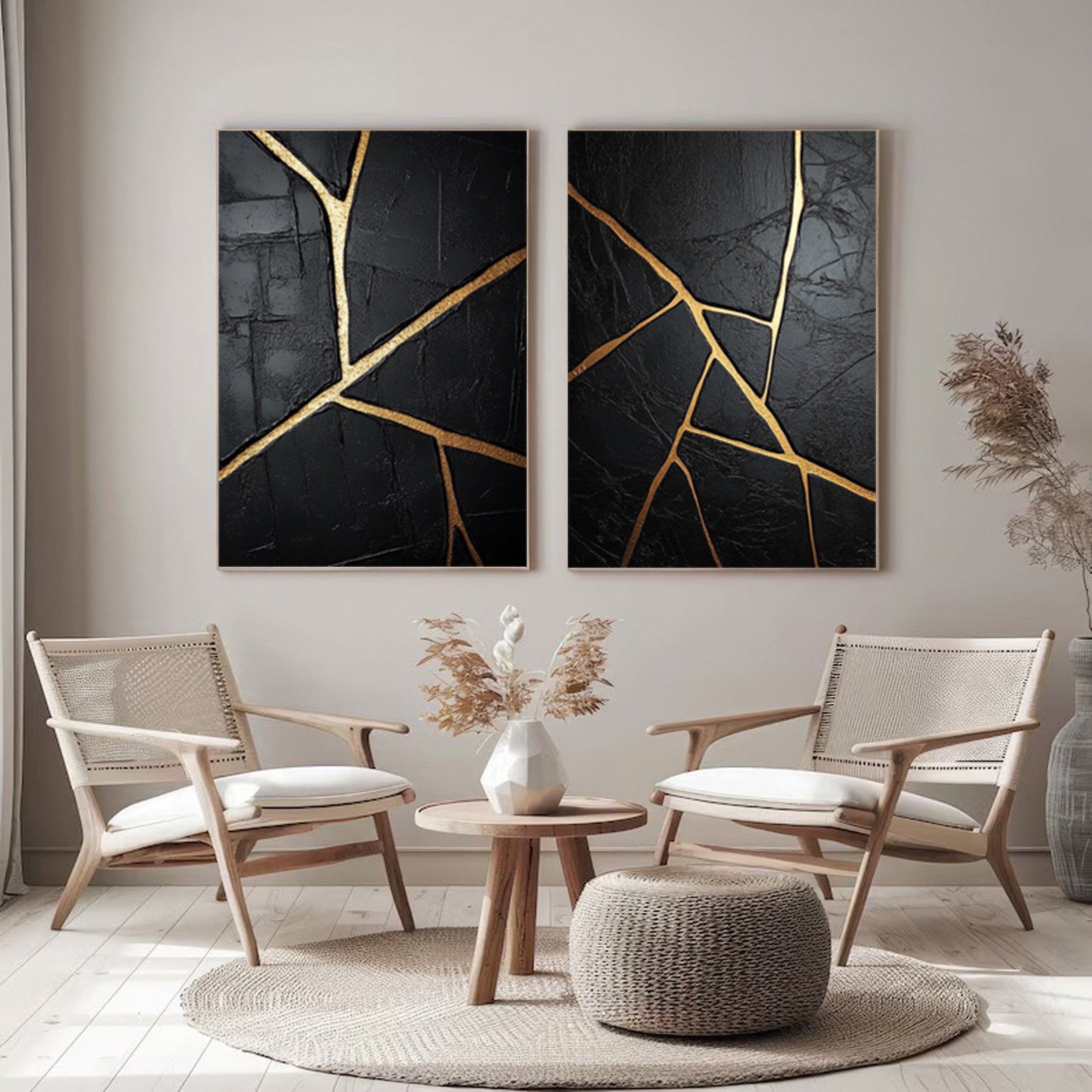 Modern Black and Gold Textured Painting for Elegant Home Interiors Set Of 2 #BMS 003