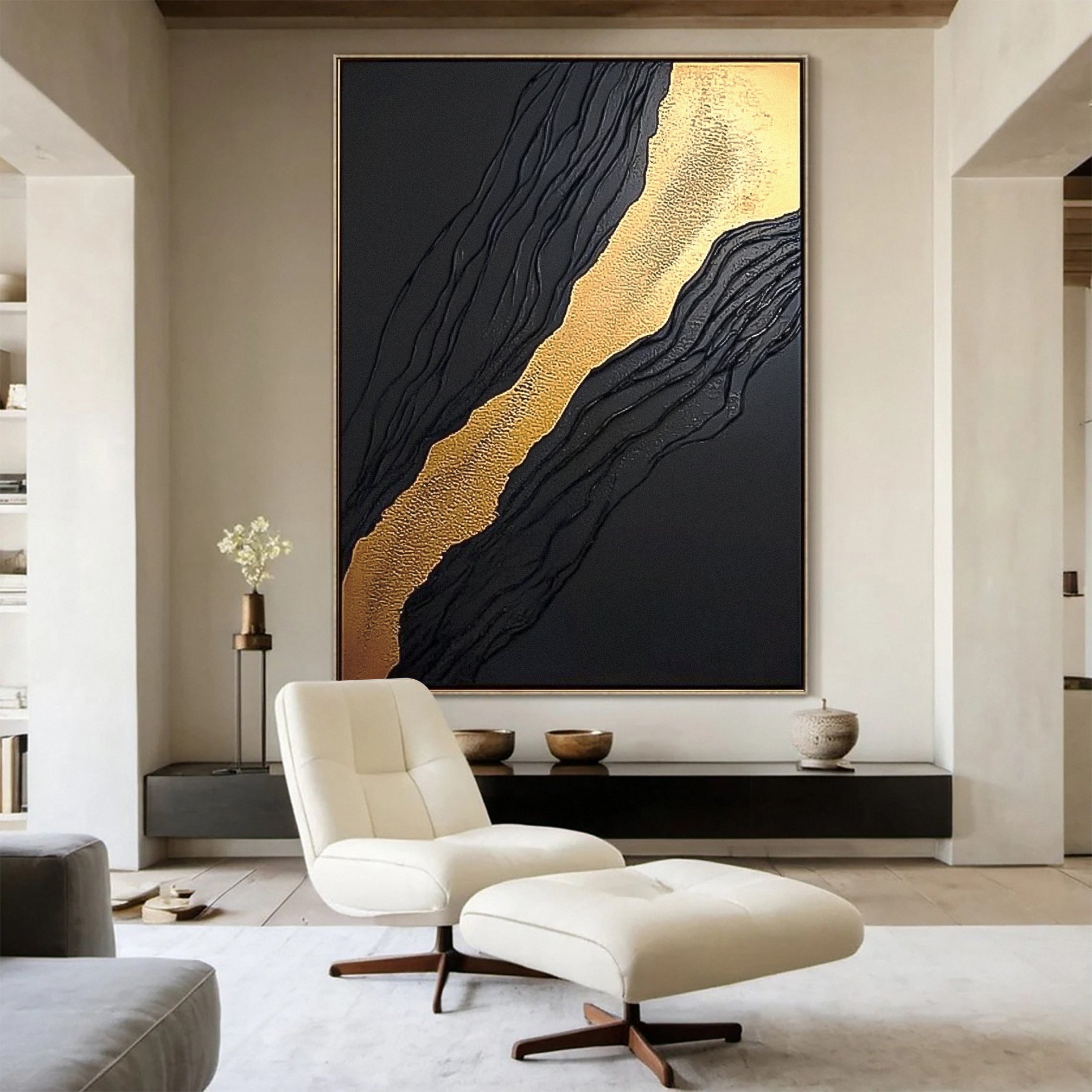 Luxury Waves Black and Gold Abstract Canvas Art #BM 083