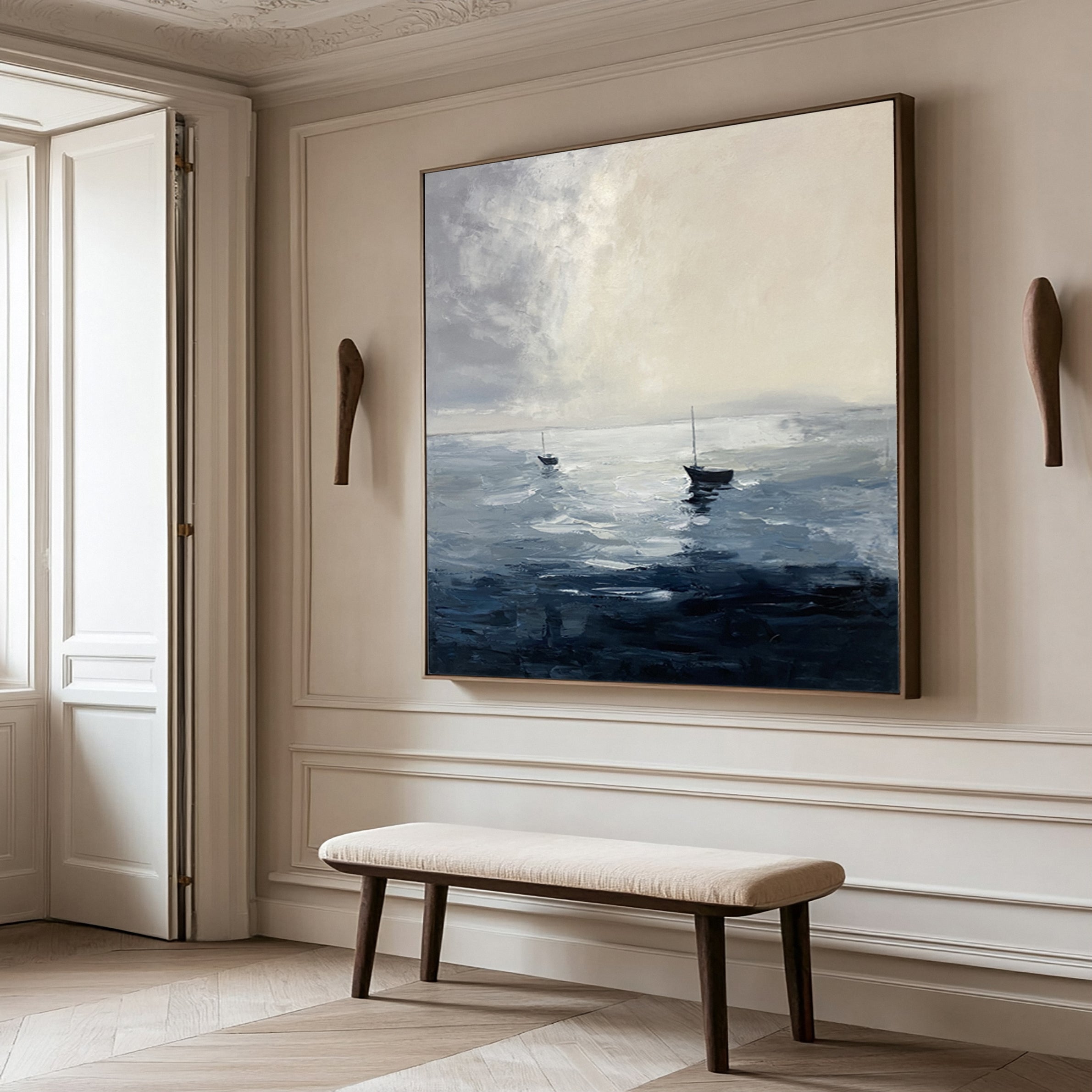 Minimalist Marine Art with Two Boats on a Calm, Cloudy Sea #BGA 280