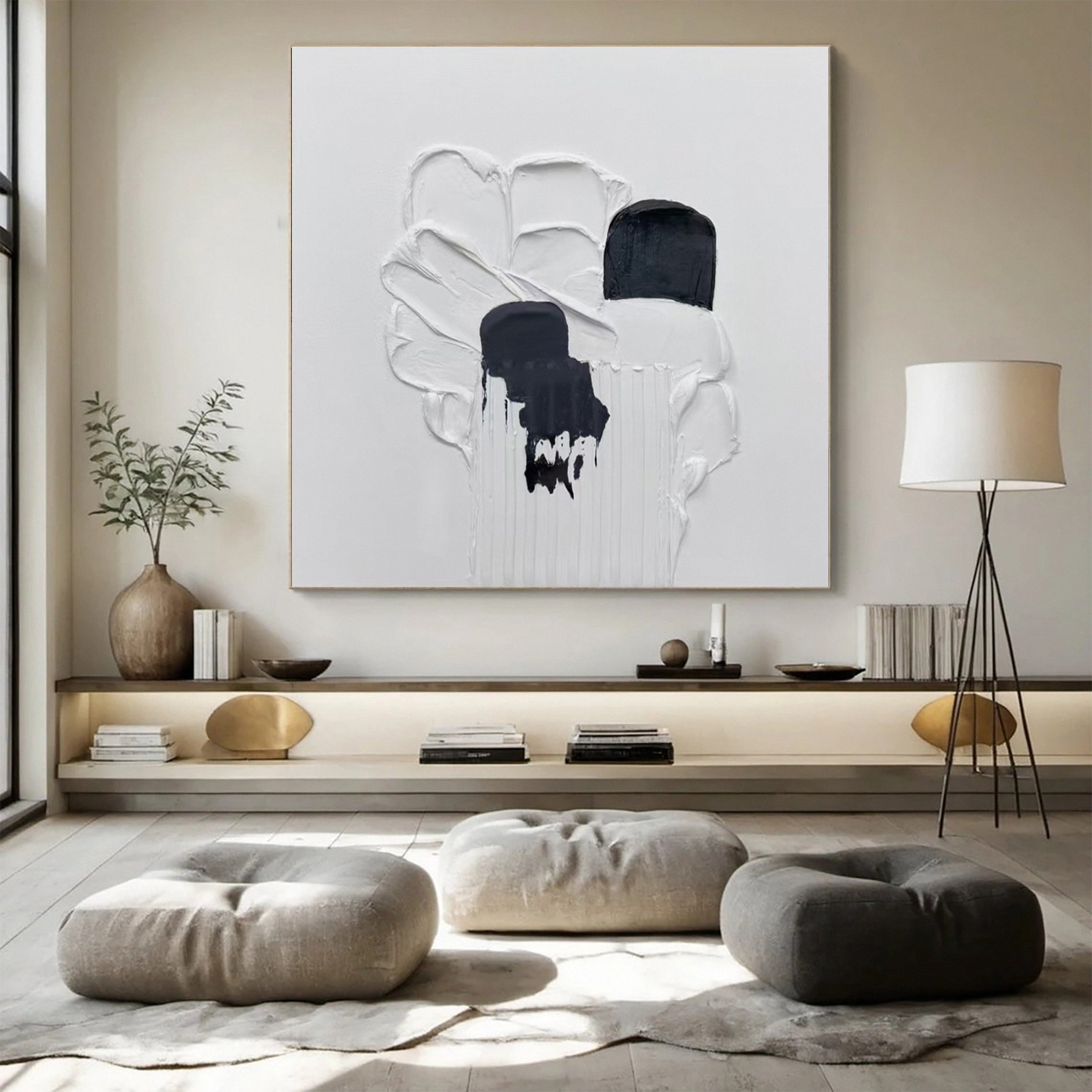 Minimalist Art with 3D White Texture and Flowing Black Forms #BGA 249