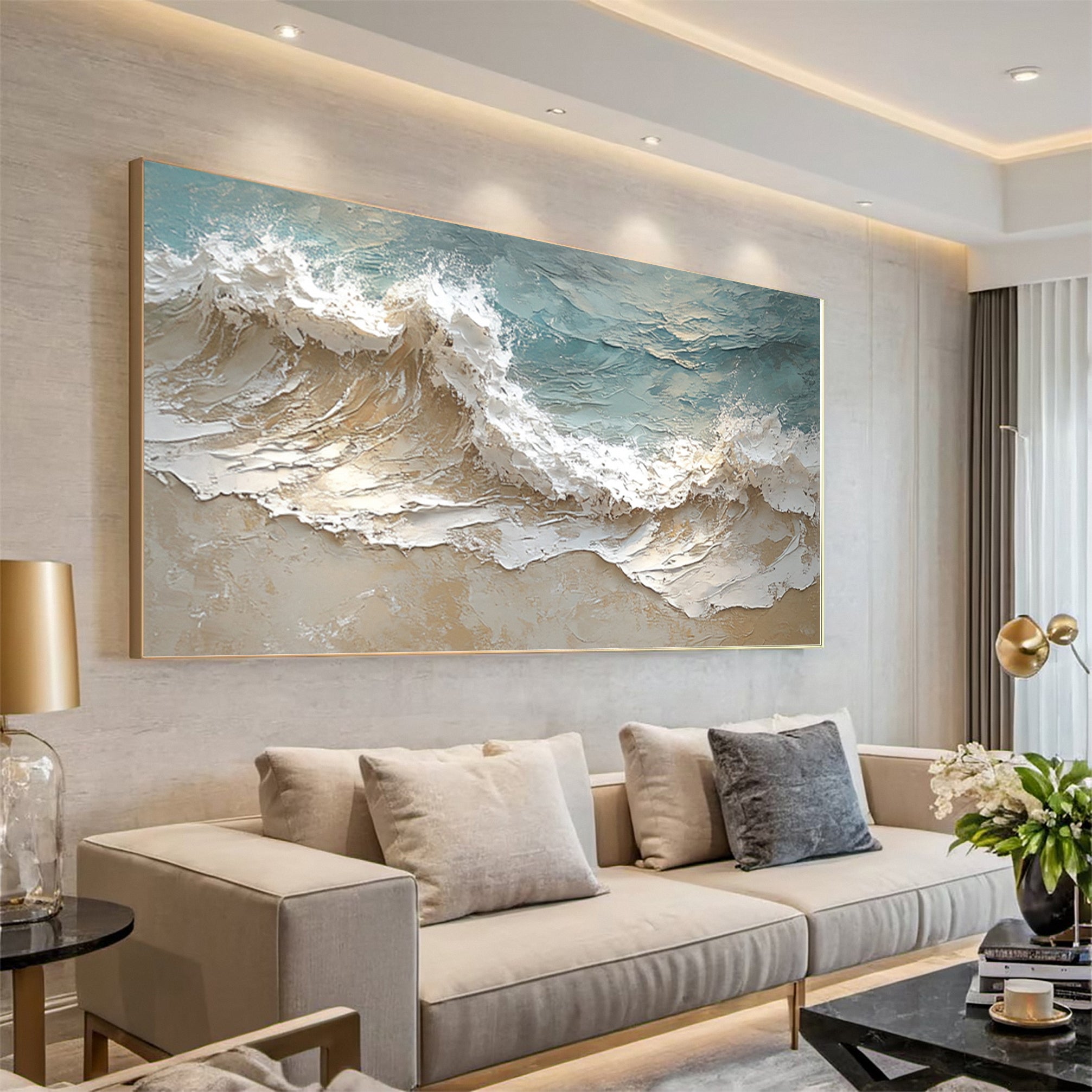 Textured Seascape Painting Blue White Sand Modern #WG 037