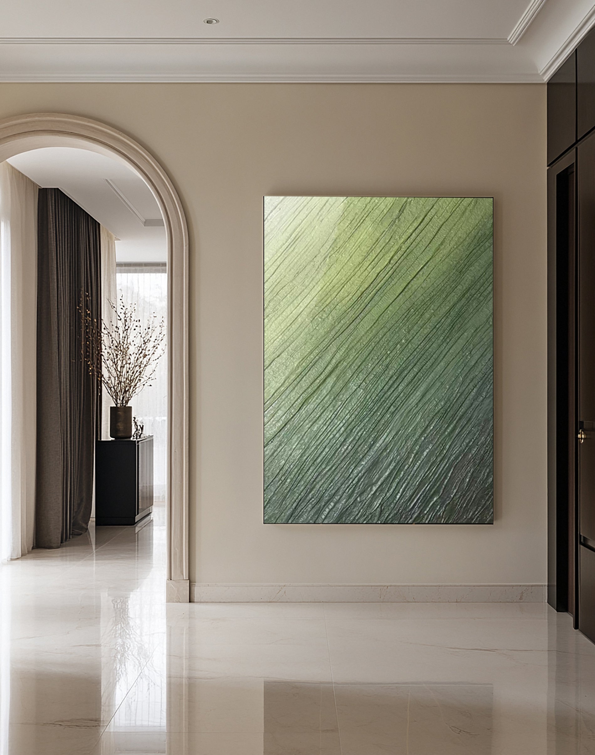 Contemporary Abstract Painting with Diagonal Green Striations #BGA 257