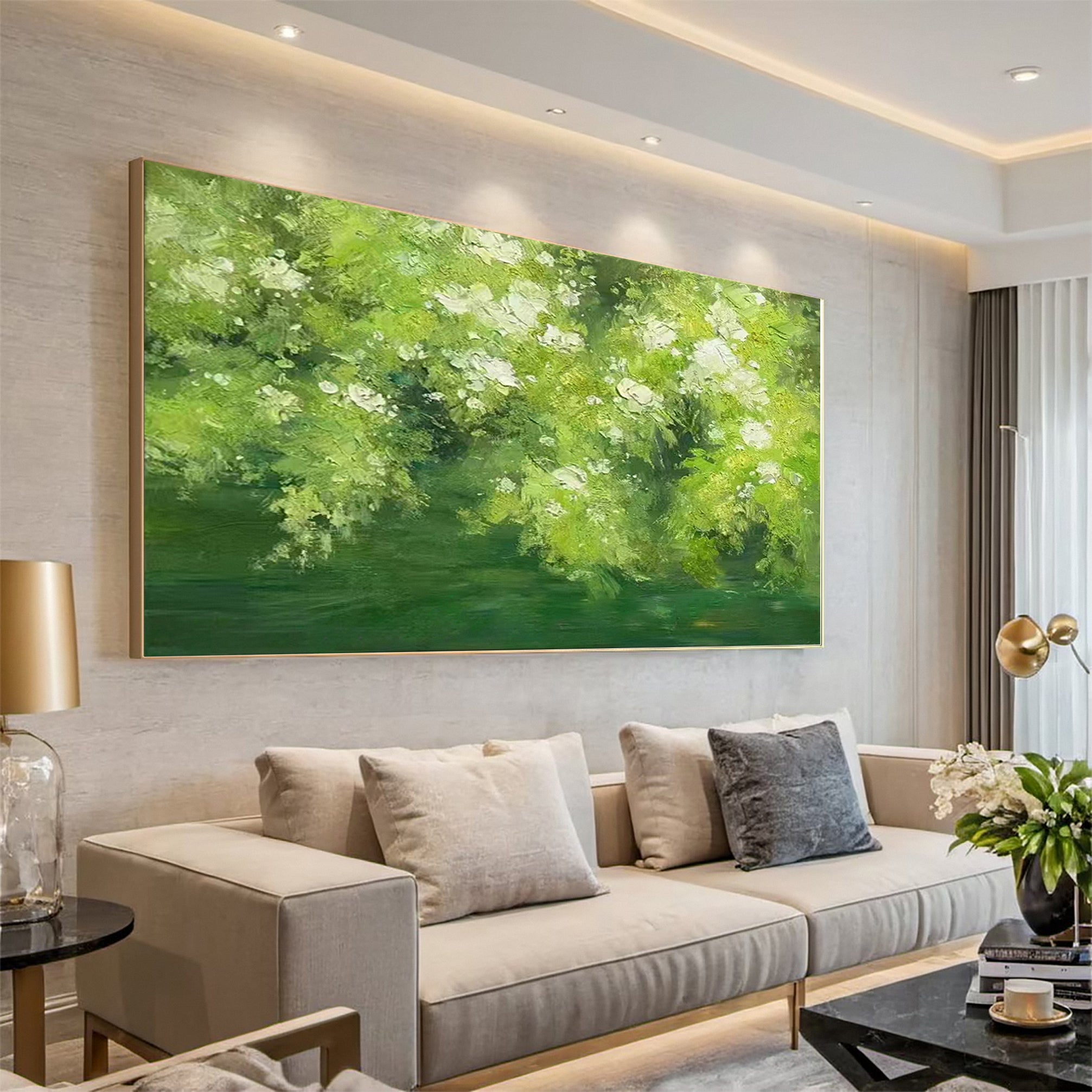 Expressive Canvas of Vibrant Green Foliage and White Flowers #BGA 272