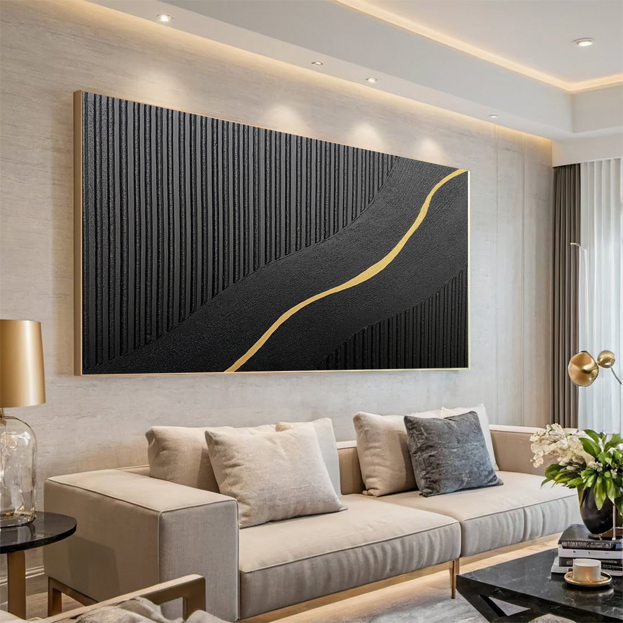 Contemporary Black Impasto with a Diagonal Line of Gold #BGA 227