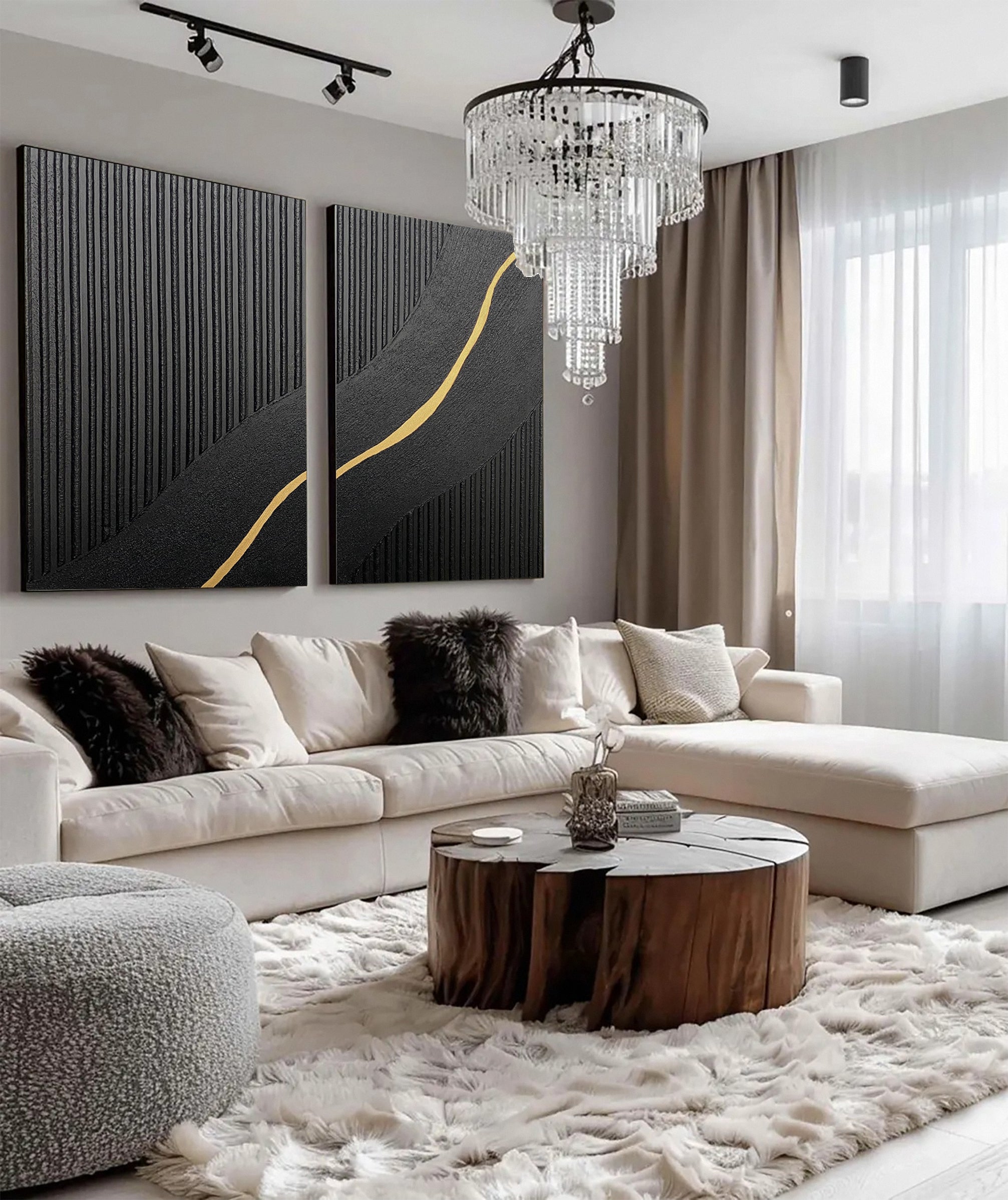 Contemporary Black Impasto Diptych with Flowing Gold Current #BGA 228