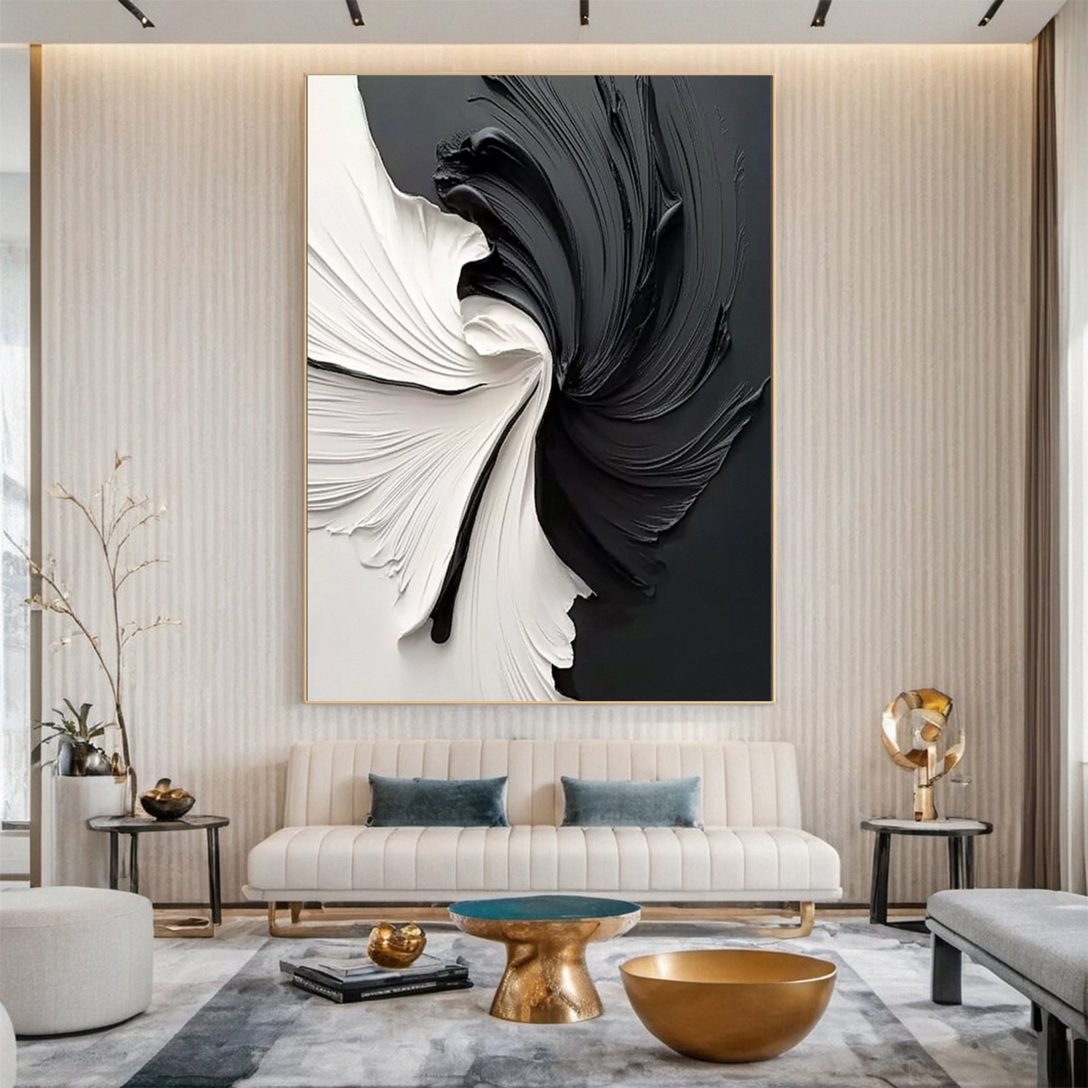 Large Black & White Abstract Textured Canvas Art #BM 091