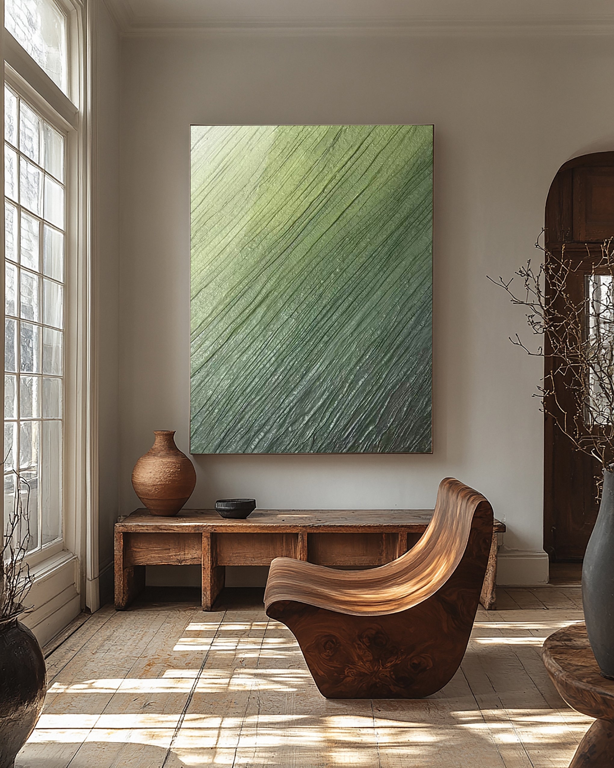 Contemporary Abstract Painting with Diagonal Green Striations #BGA 257