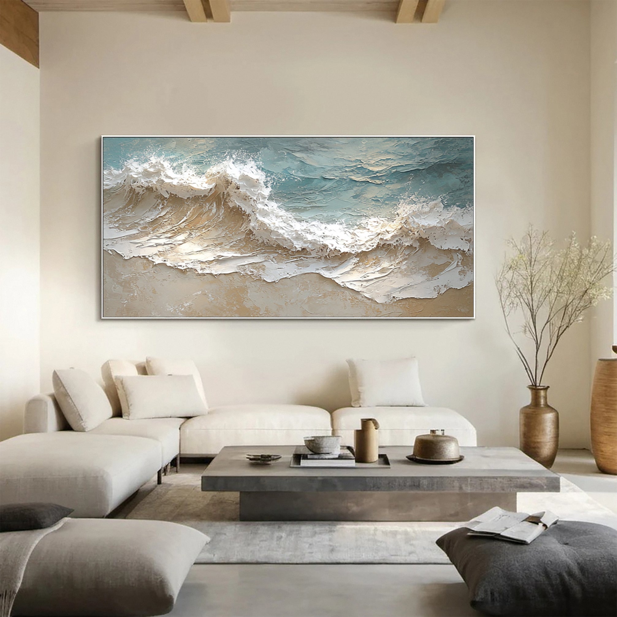Textured Seascape Painting Blue White Sand Modern #WG 037