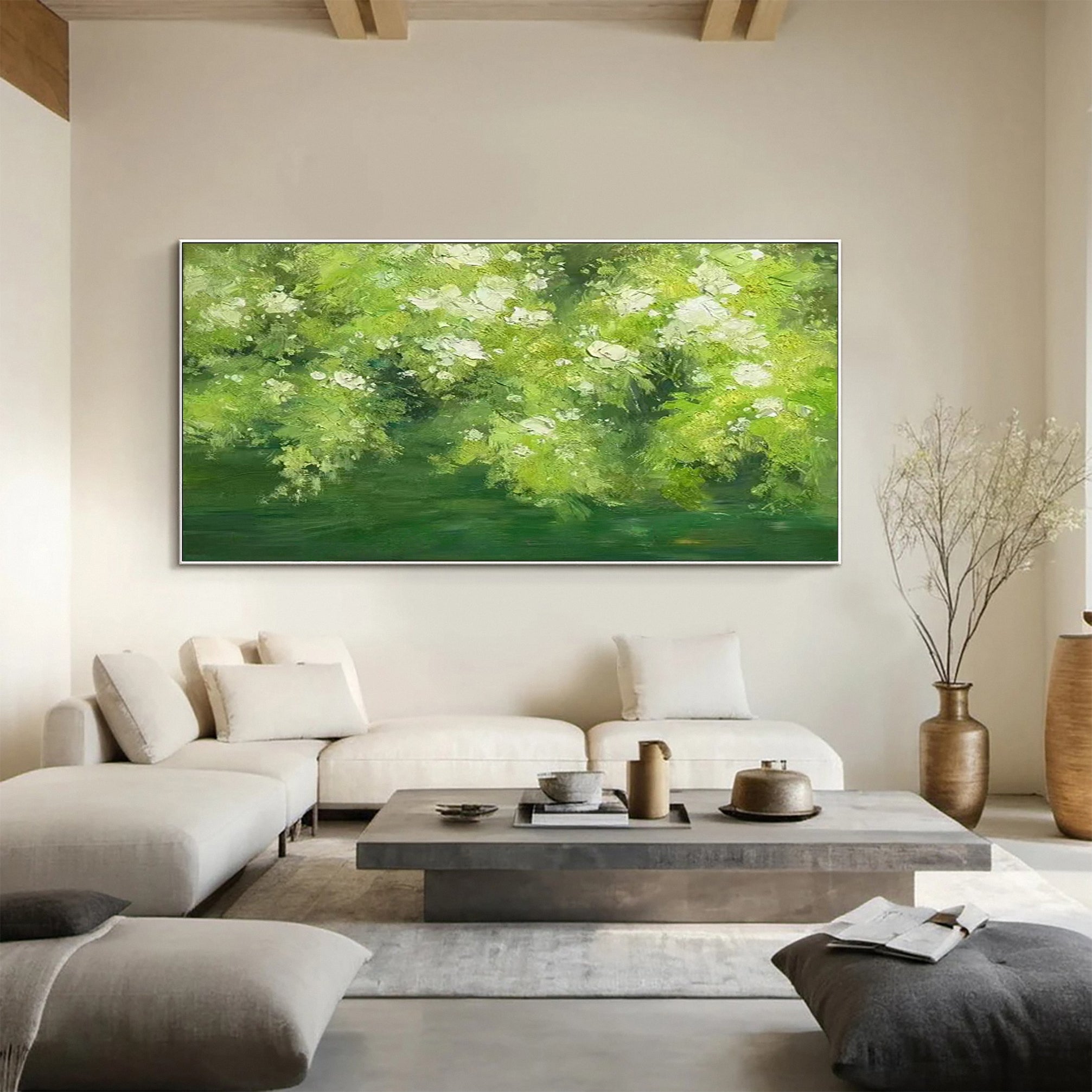 Expressive Canvas of Vibrant Green Foliage and White Flowers #BGA 272