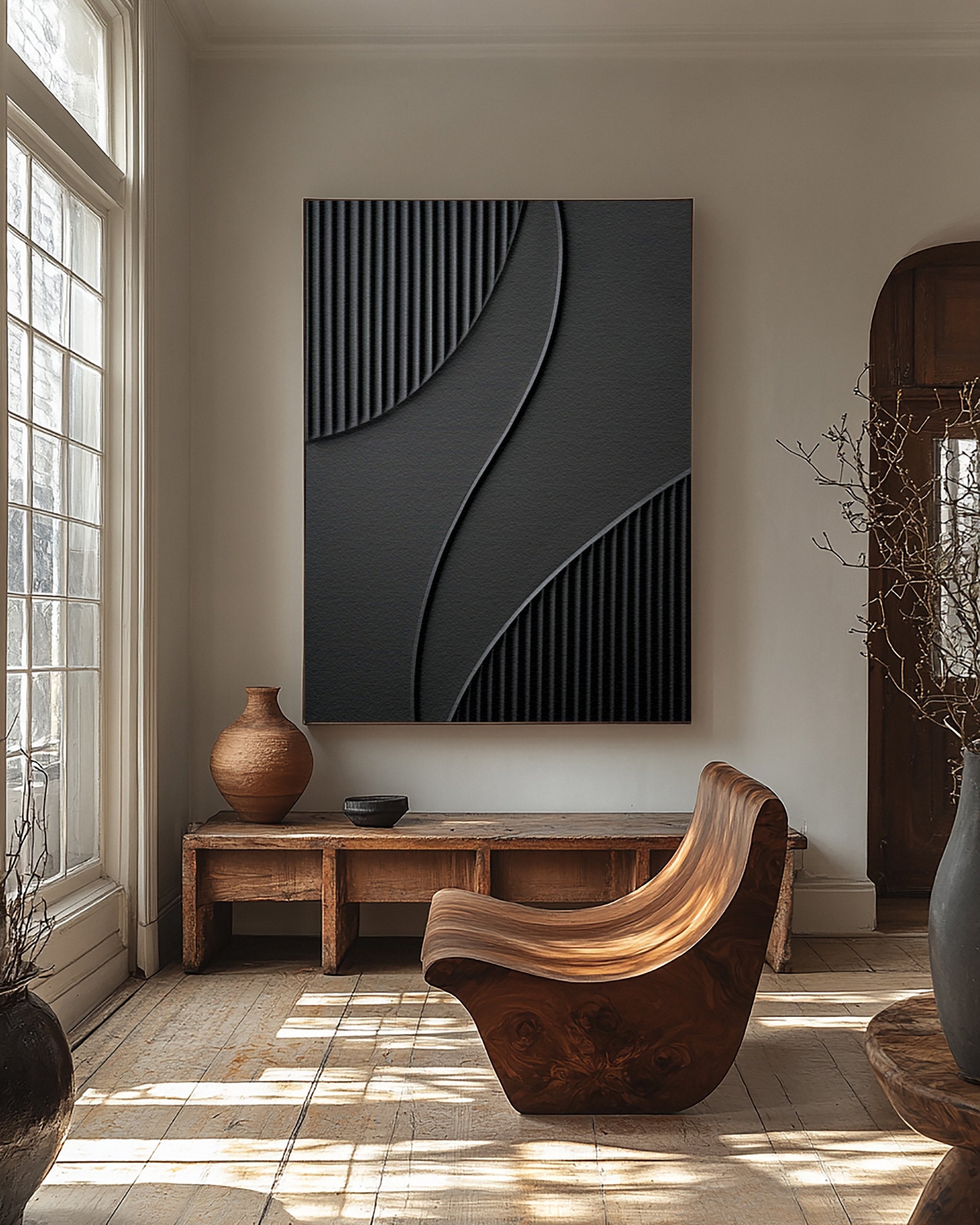 Modern Painting with Tactile Grooves and Flowing Black Forms #BGA 245