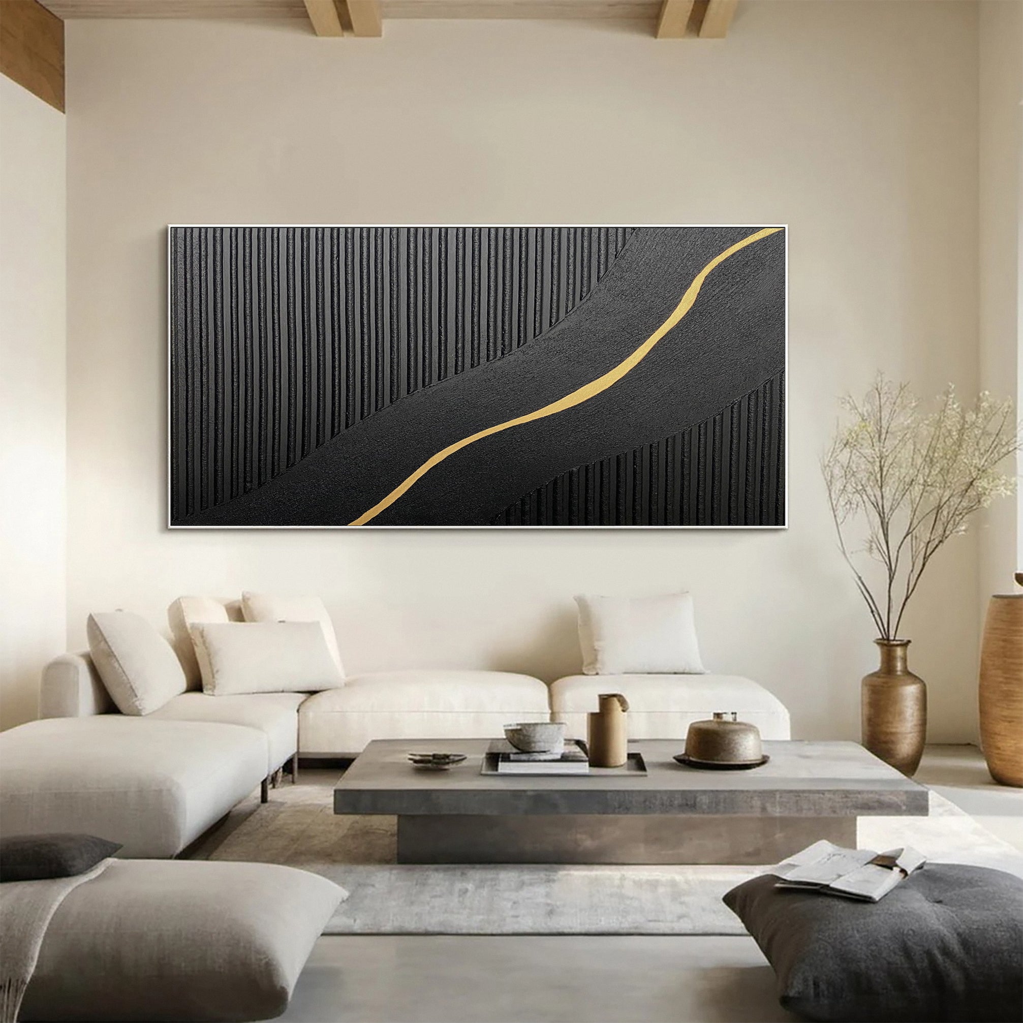Contemporary Black Impasto with a Diagonal Line of Gold #BGA 227