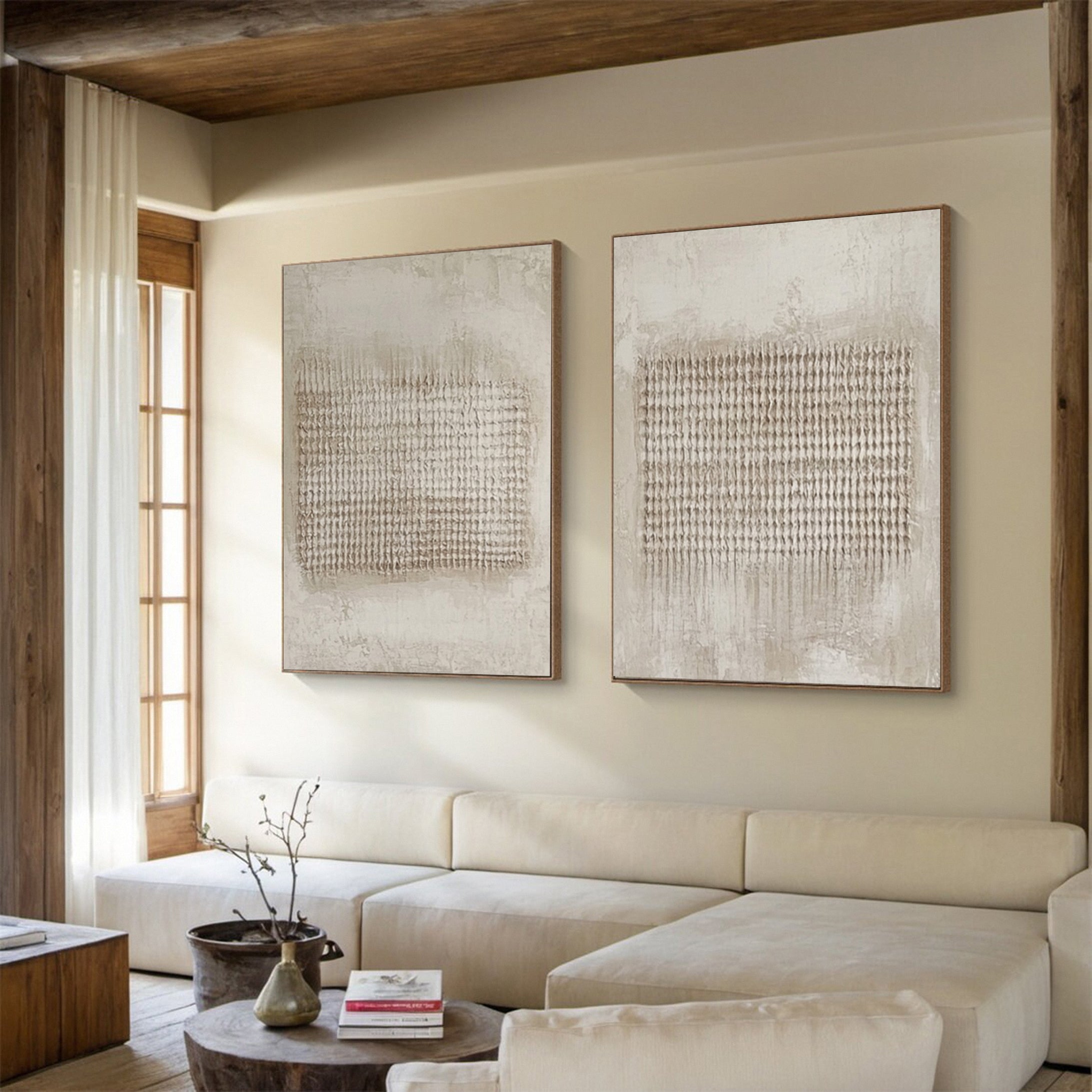 Modern Abstract Diptych with Textured Vertical Inscriptions #BGA 240