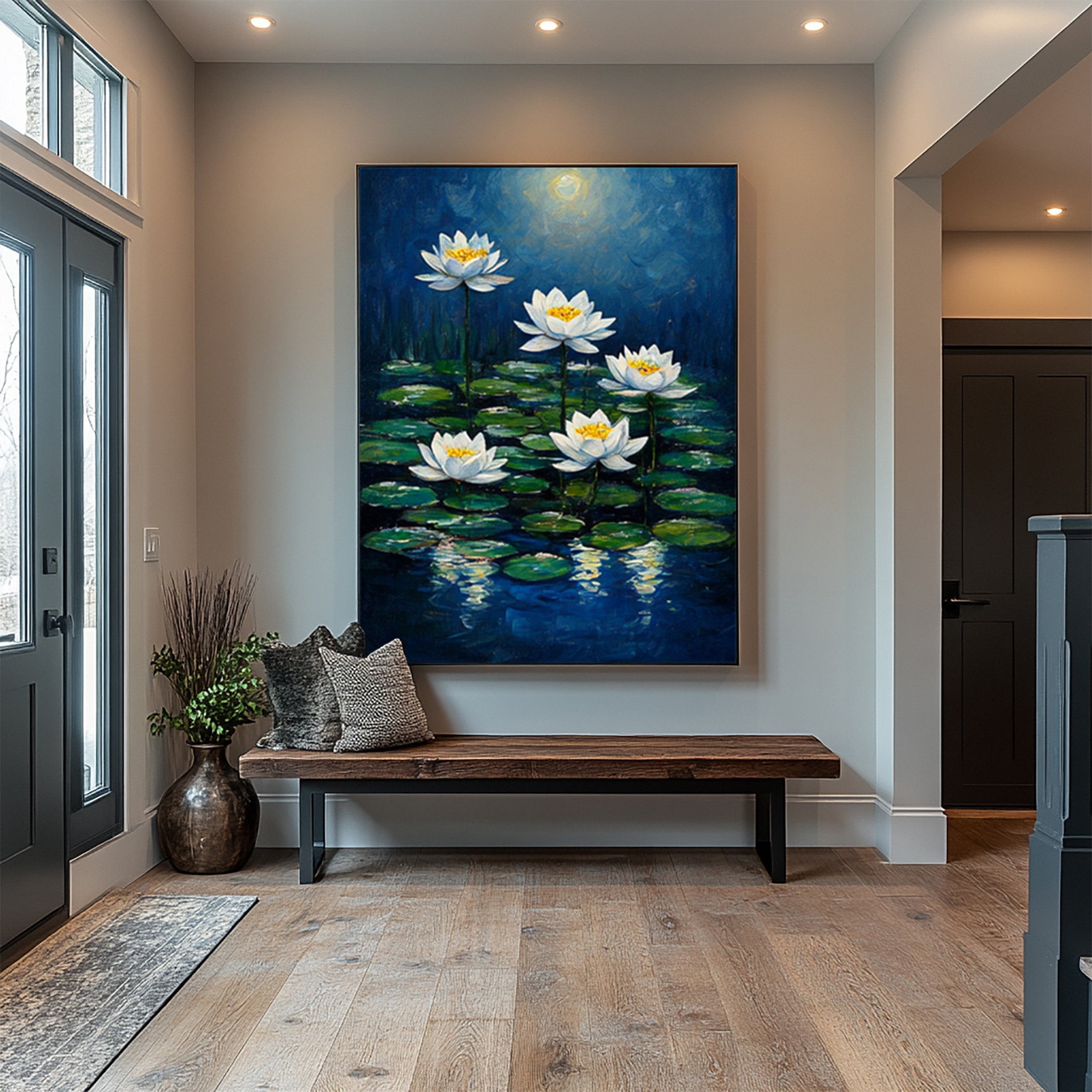 Modern Painting with Soft Light Illuminating Lilies on Dark Water #BGA 277