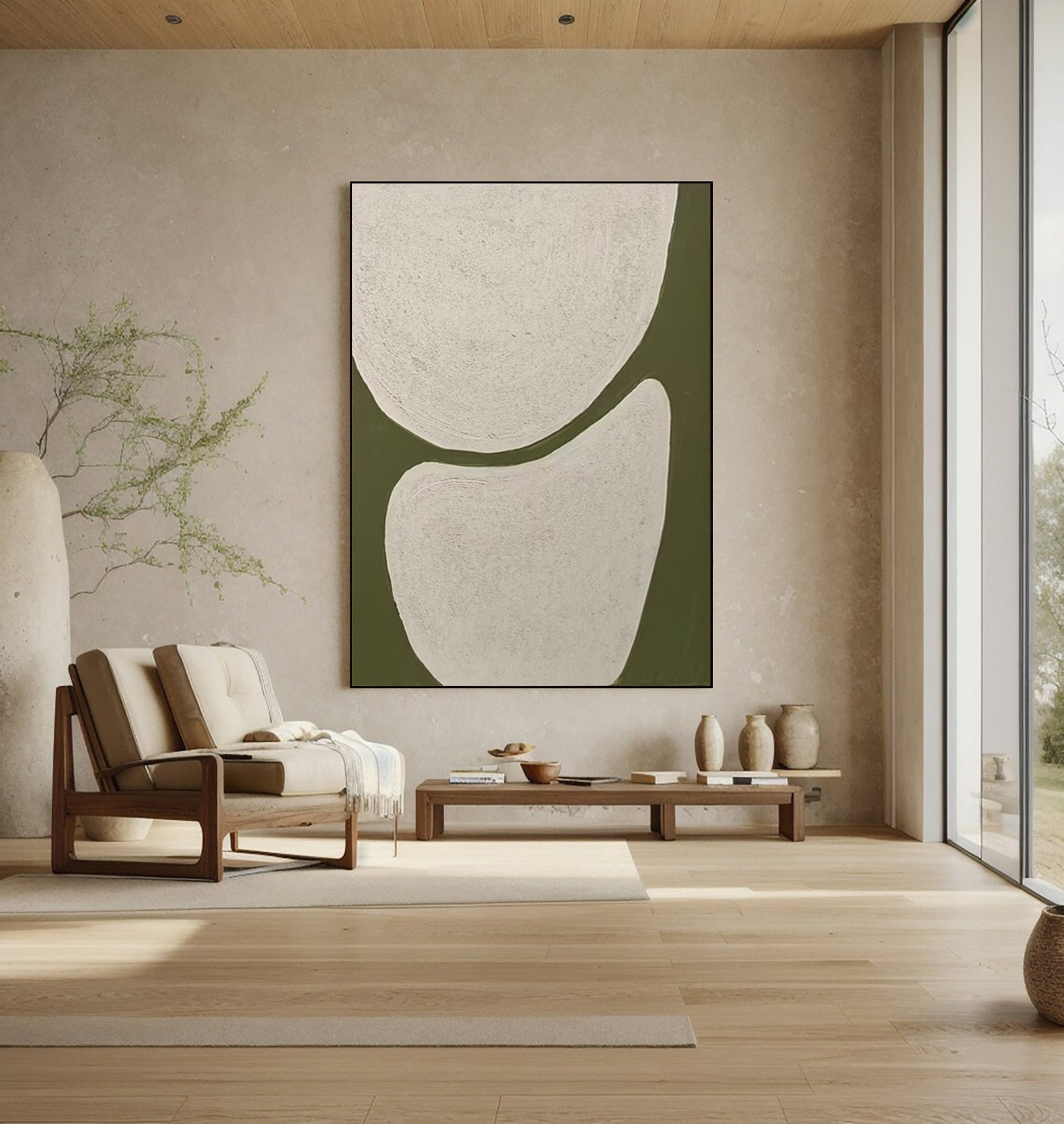 Abstract Canvas with Textured Light Forms on Green Field #BGA 258
