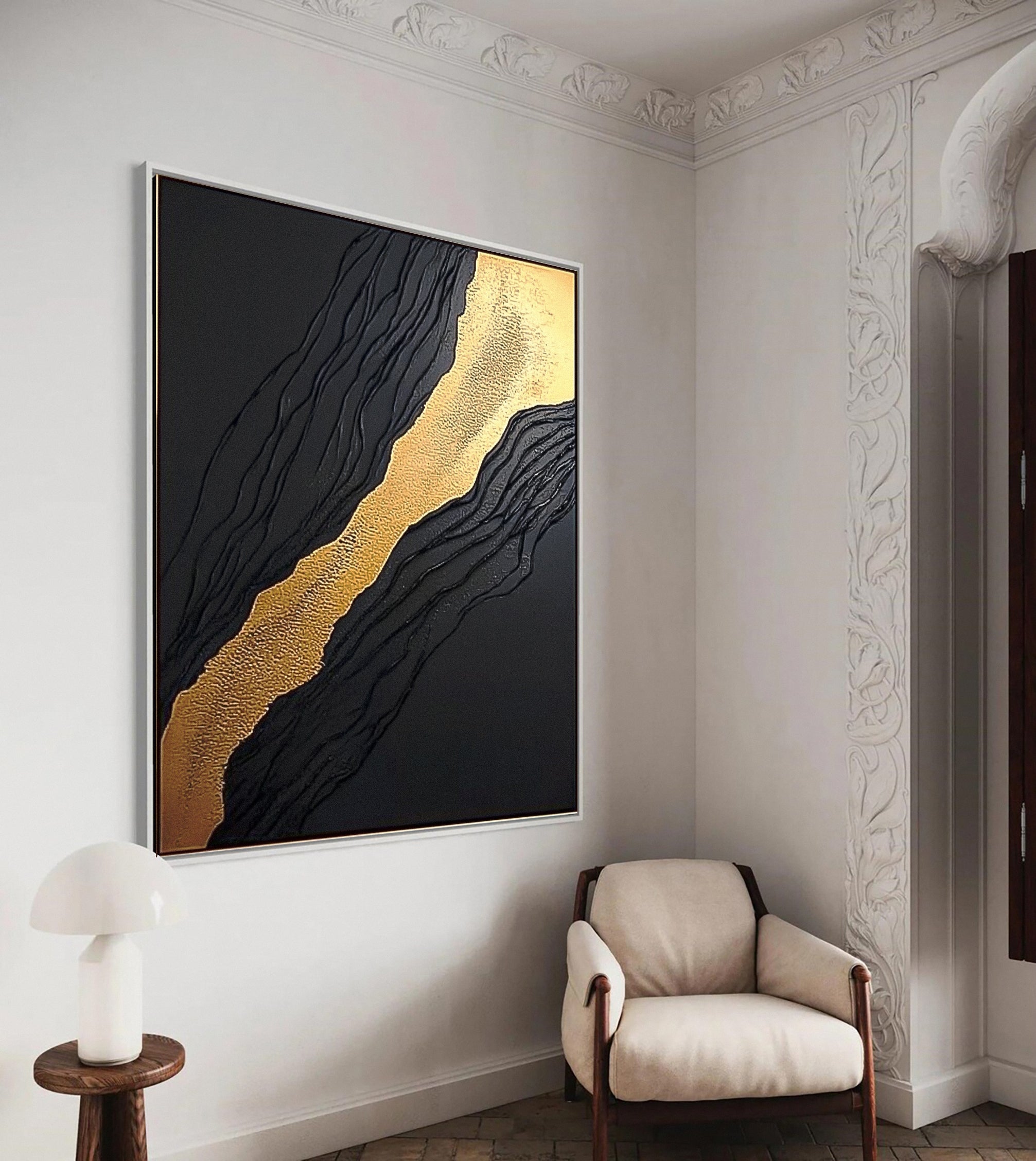 Luxury Waves Black and Gold Abstract Canvas Art #BM 083
