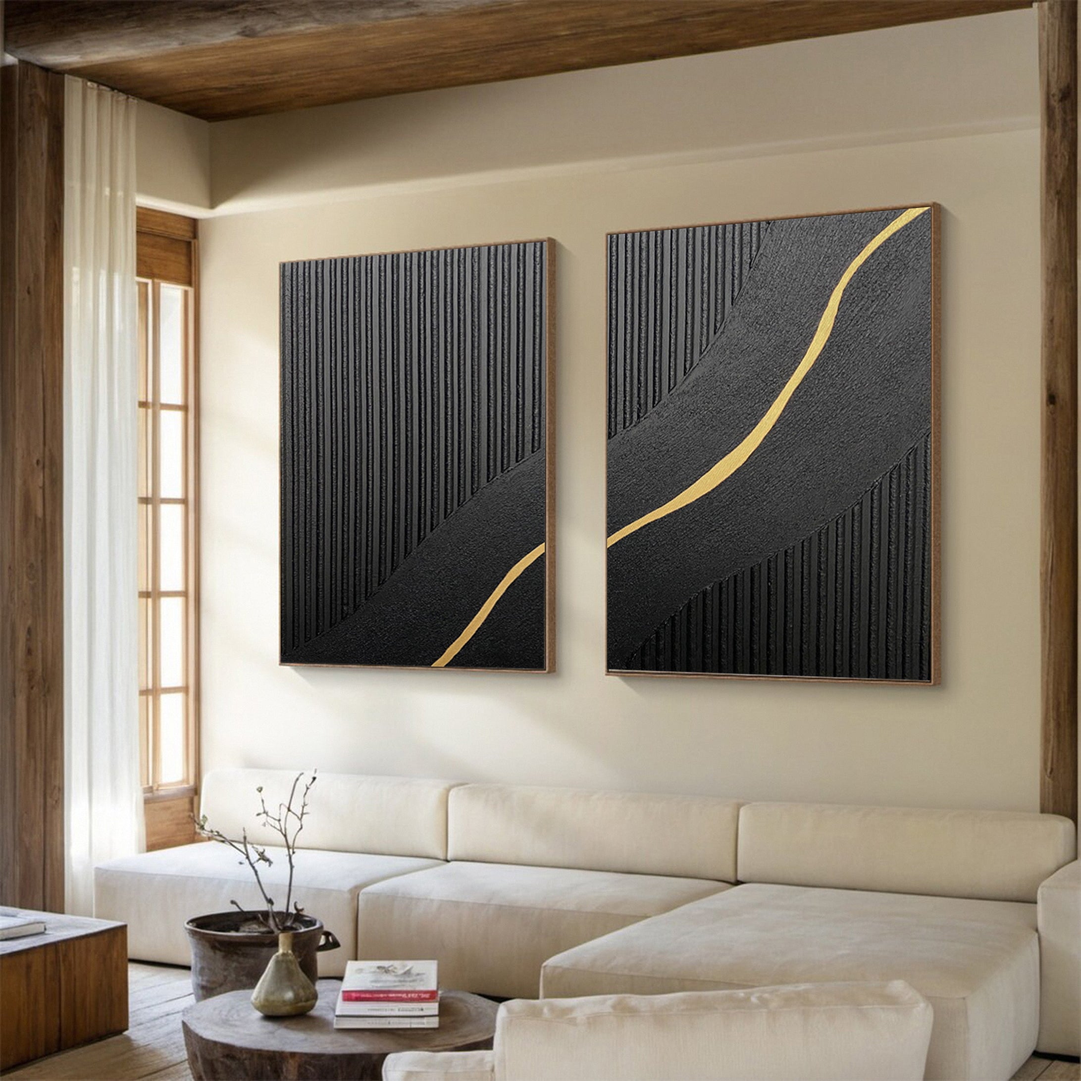 Contemporary Black Impasto Diptych with Flowing Gold Current #BGA 228