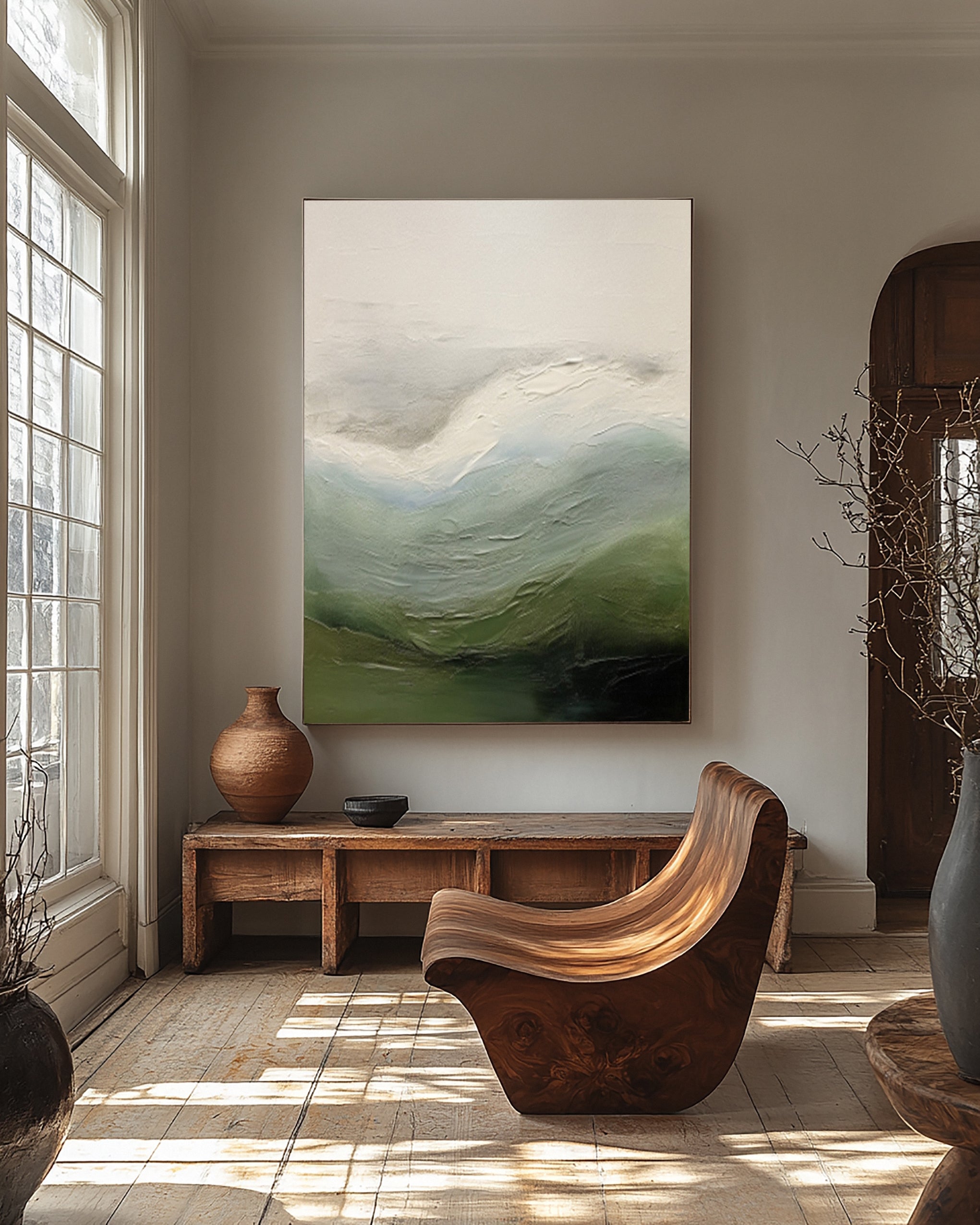 Contemporary Abstract Painting with Textured Hills and Soft Sky #BGA 252
