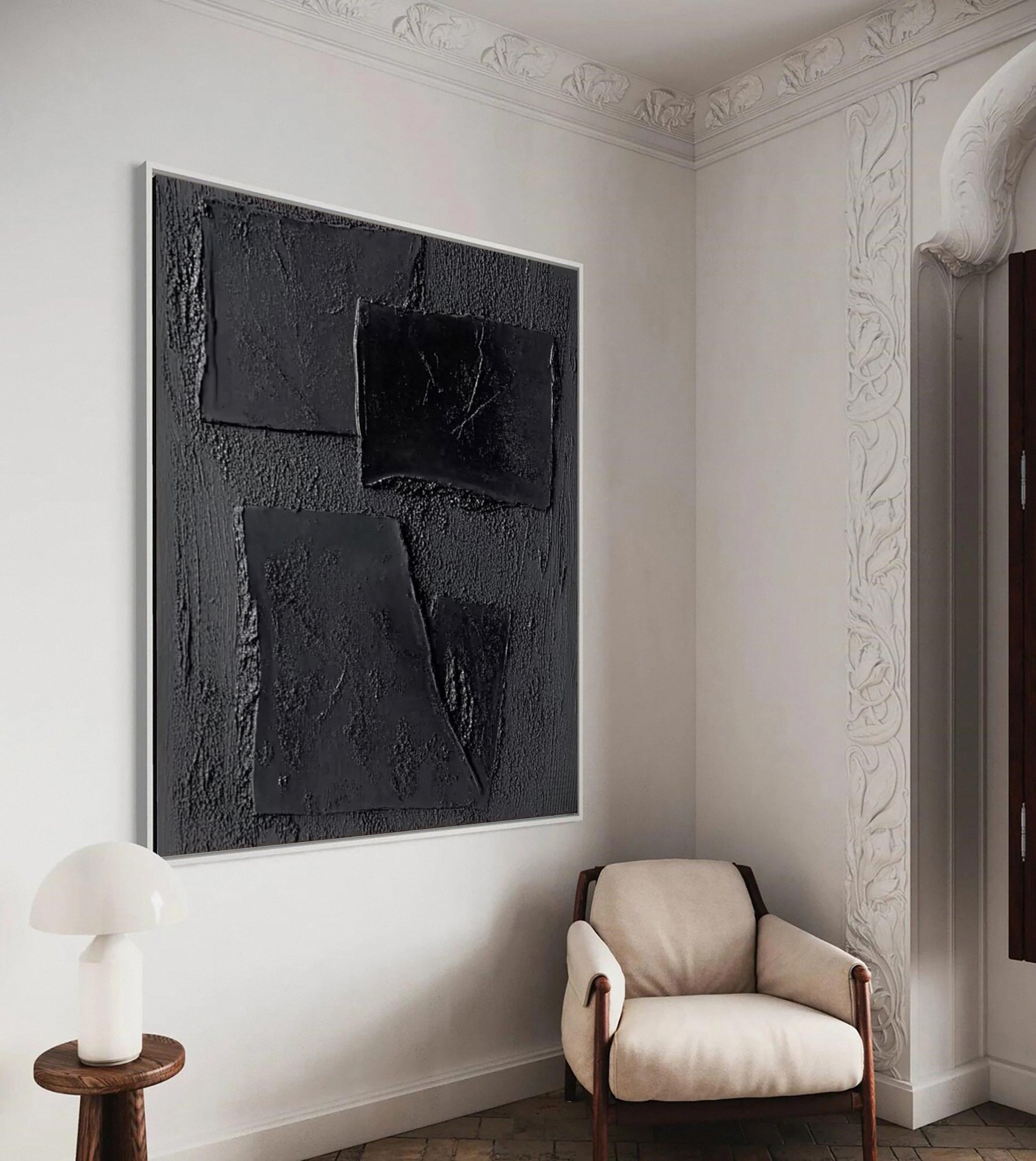 Elegant Black Abstract Sculpture Paintin Textured Canvas Art #BM 073