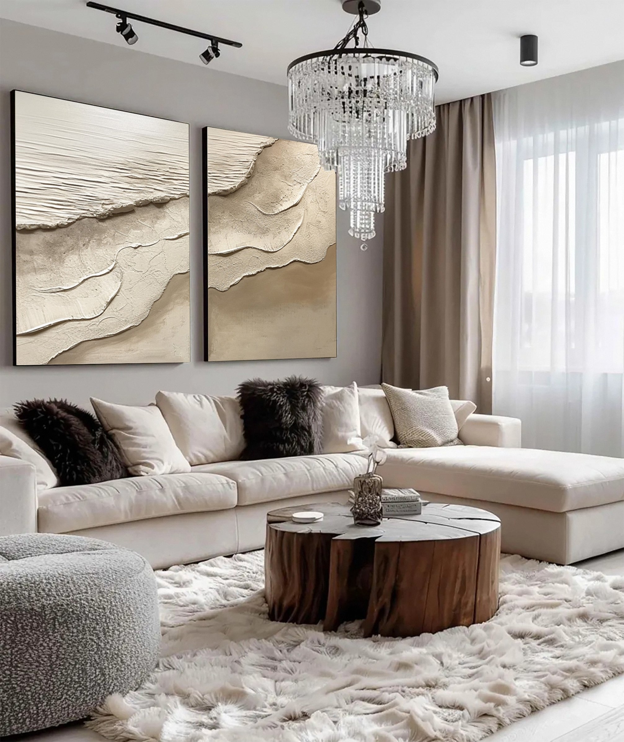 Minimalist Neutral Beach Diptych with Tactile Sand Patterns #BGA 217