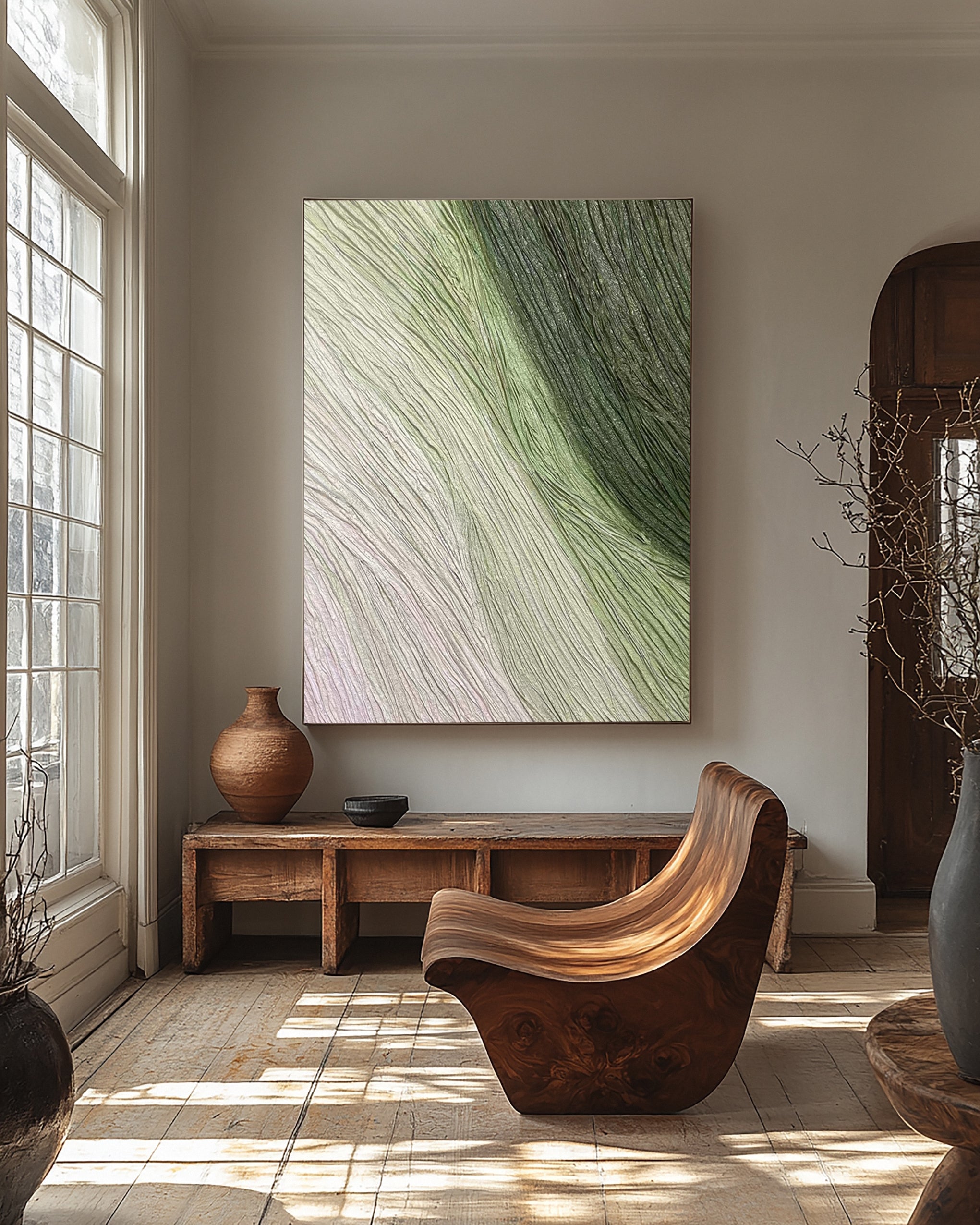 Green Modern Abstract Canvas with Gentle Textured Lines #BGA 267
