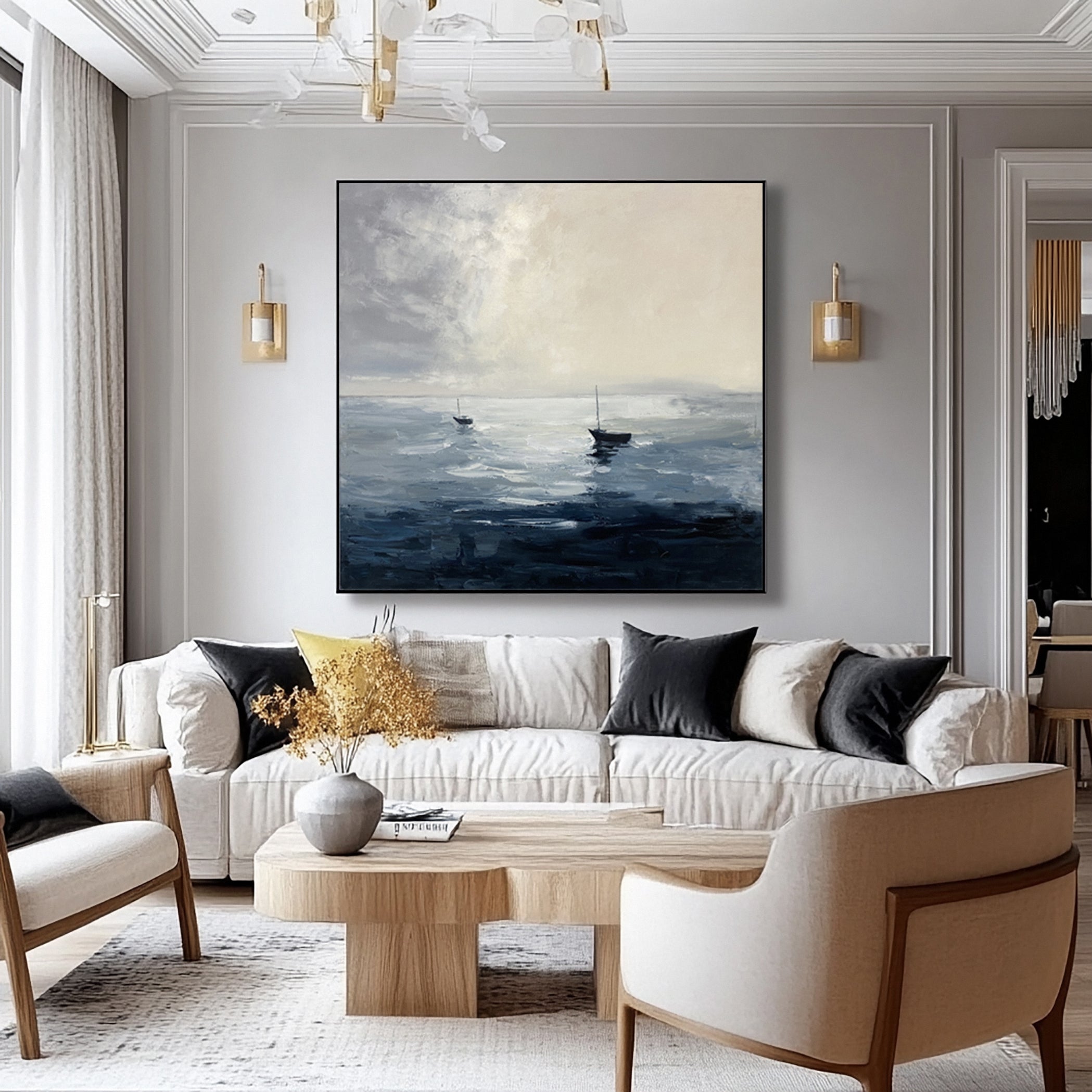 Minimalist Marine Art with Two Boats on a Calm, Cloudy Sea #BGA 280