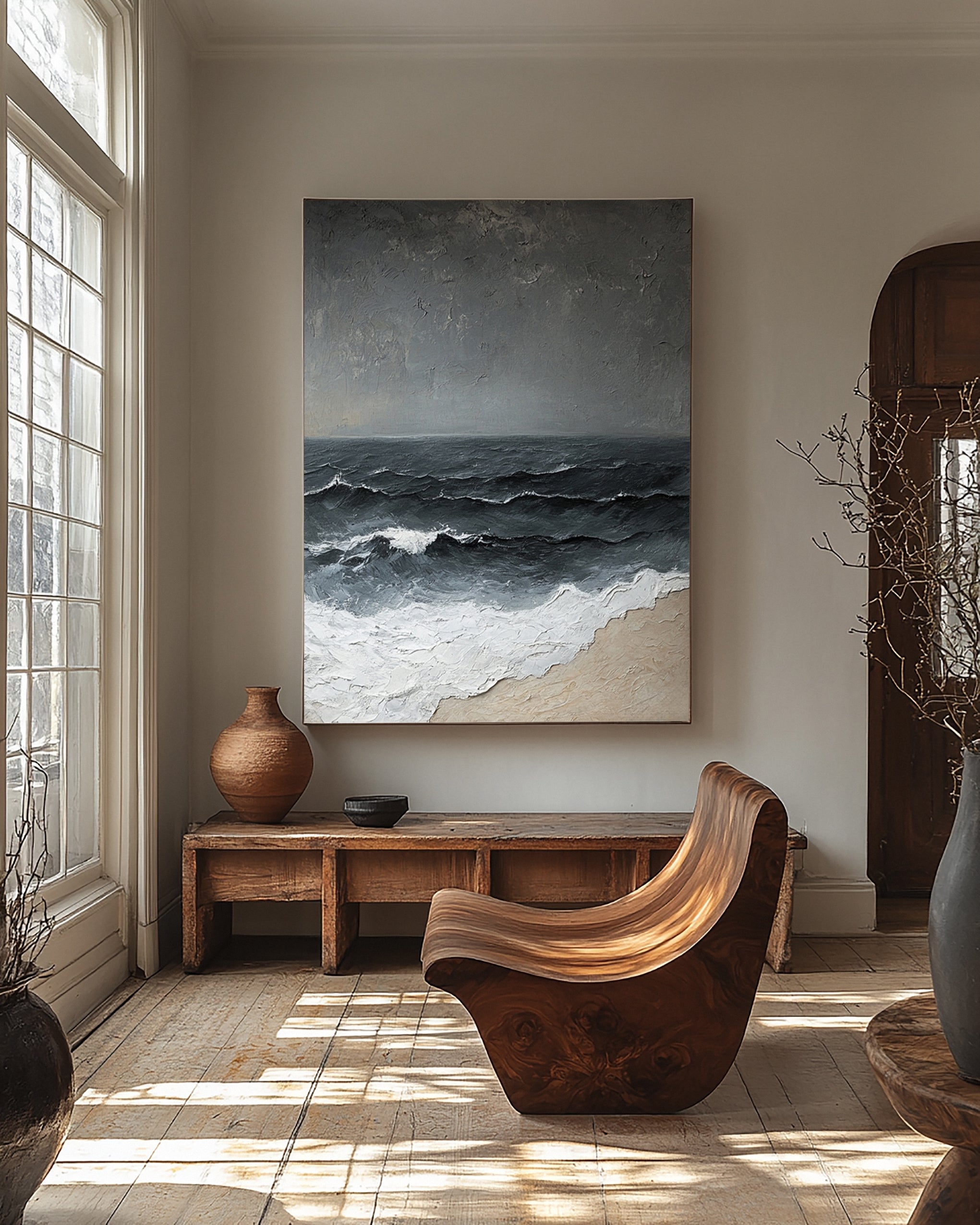 Textured Wave Art with Approaching Storm and Sandy Beach #BGA 262