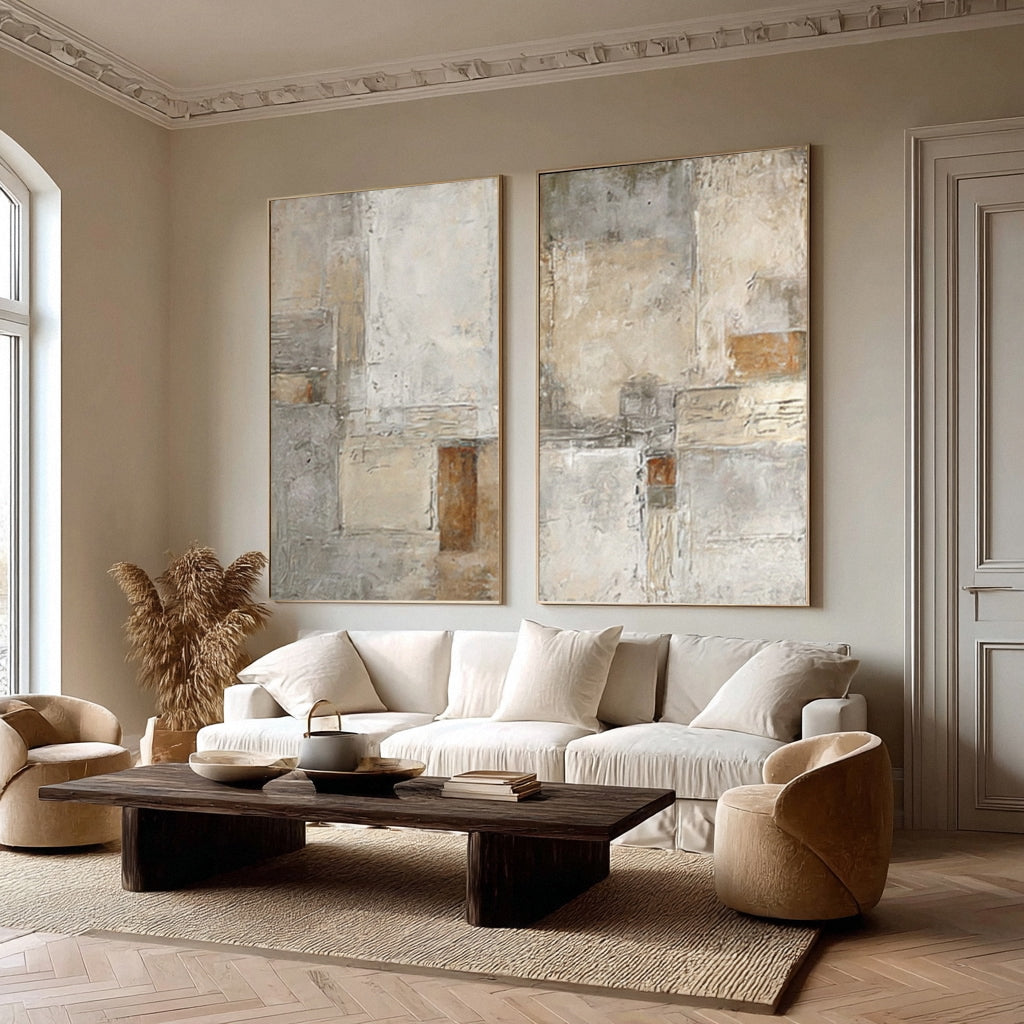 Large Beige & Gray Abstract Wall Decor Set of 2  #WG 014