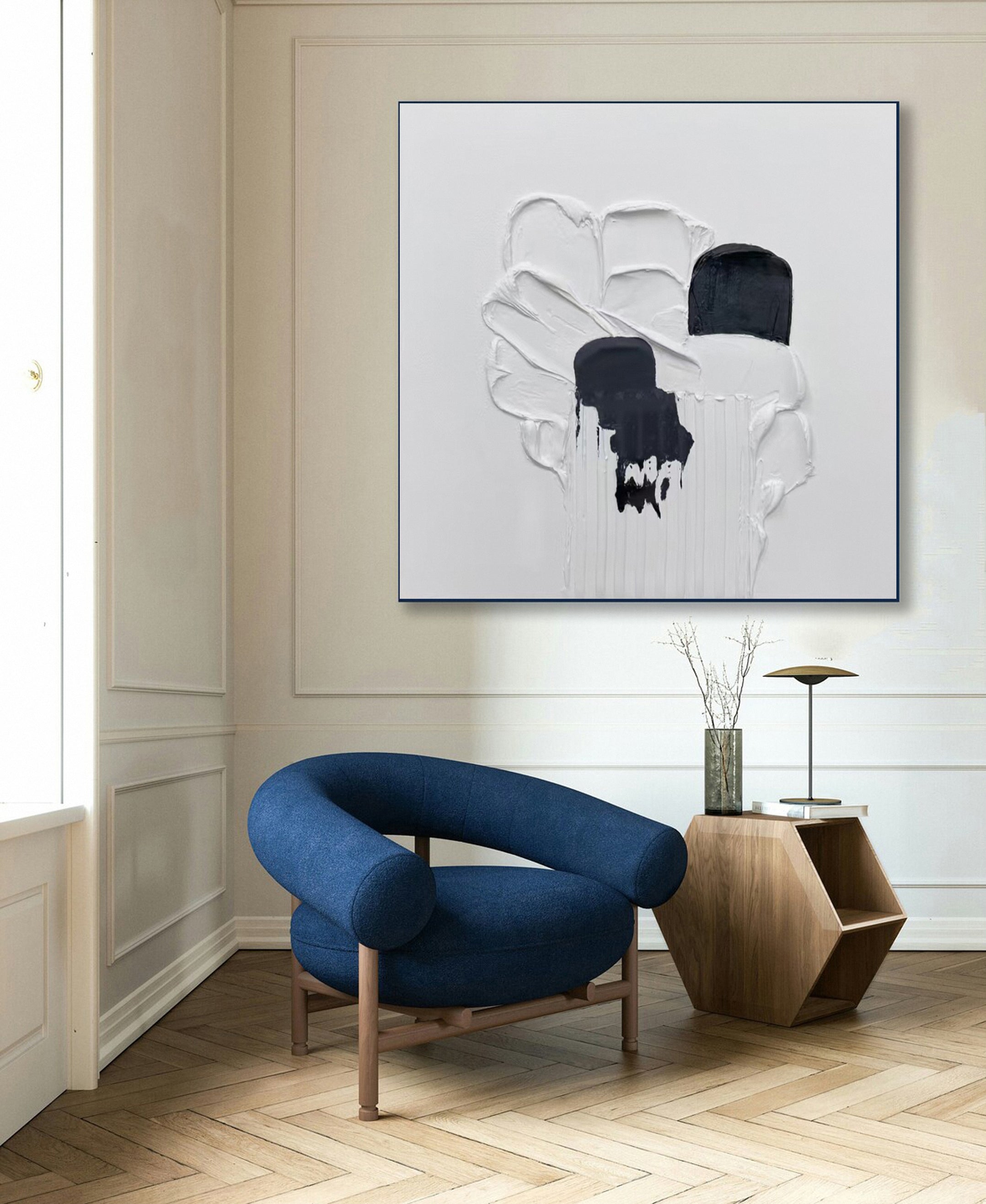 Minimalist Art with 3D White Texture and Flowing Black Forms #BGA 249