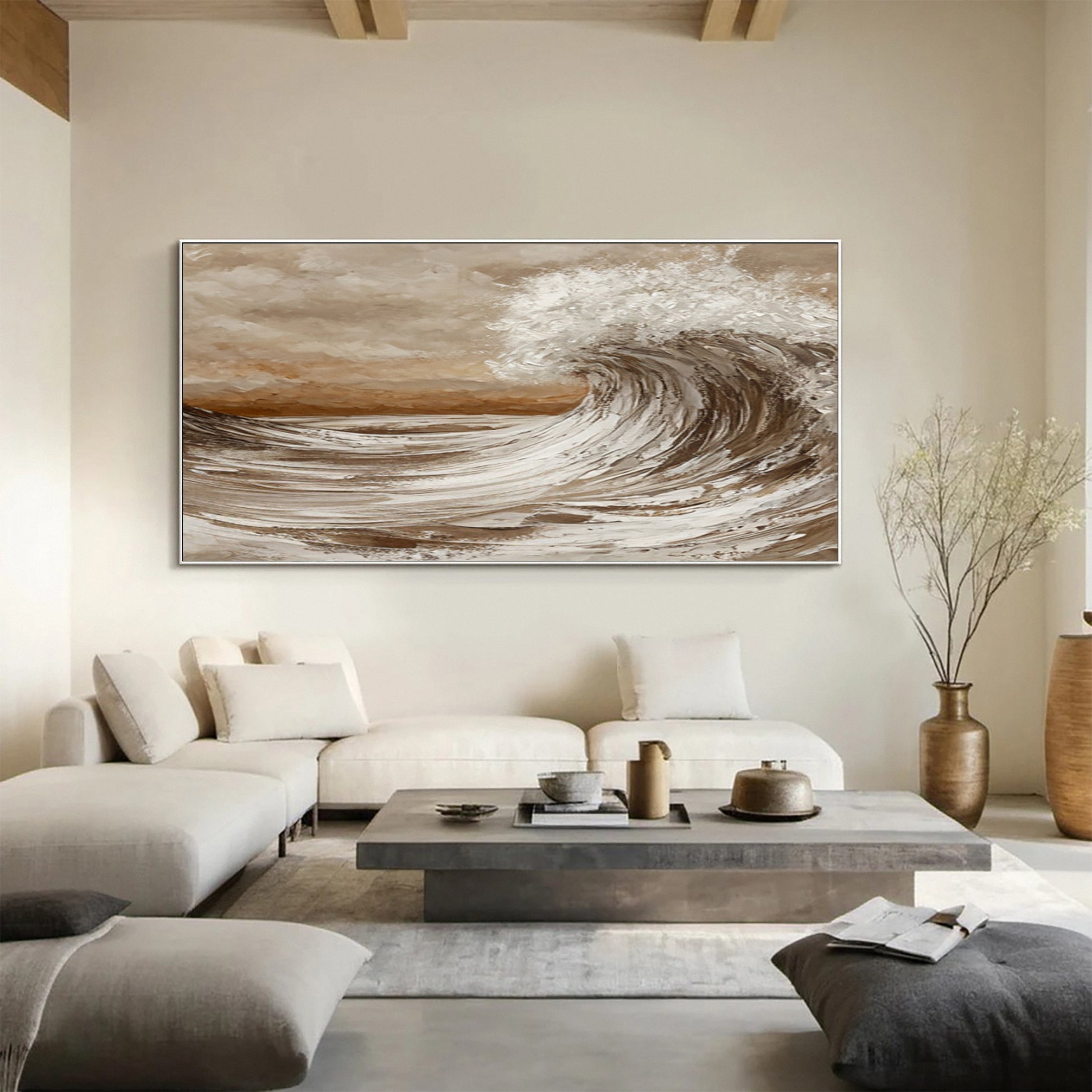 Modern Textured Seascape Canvas in Earthy Beige and White #BGA 250