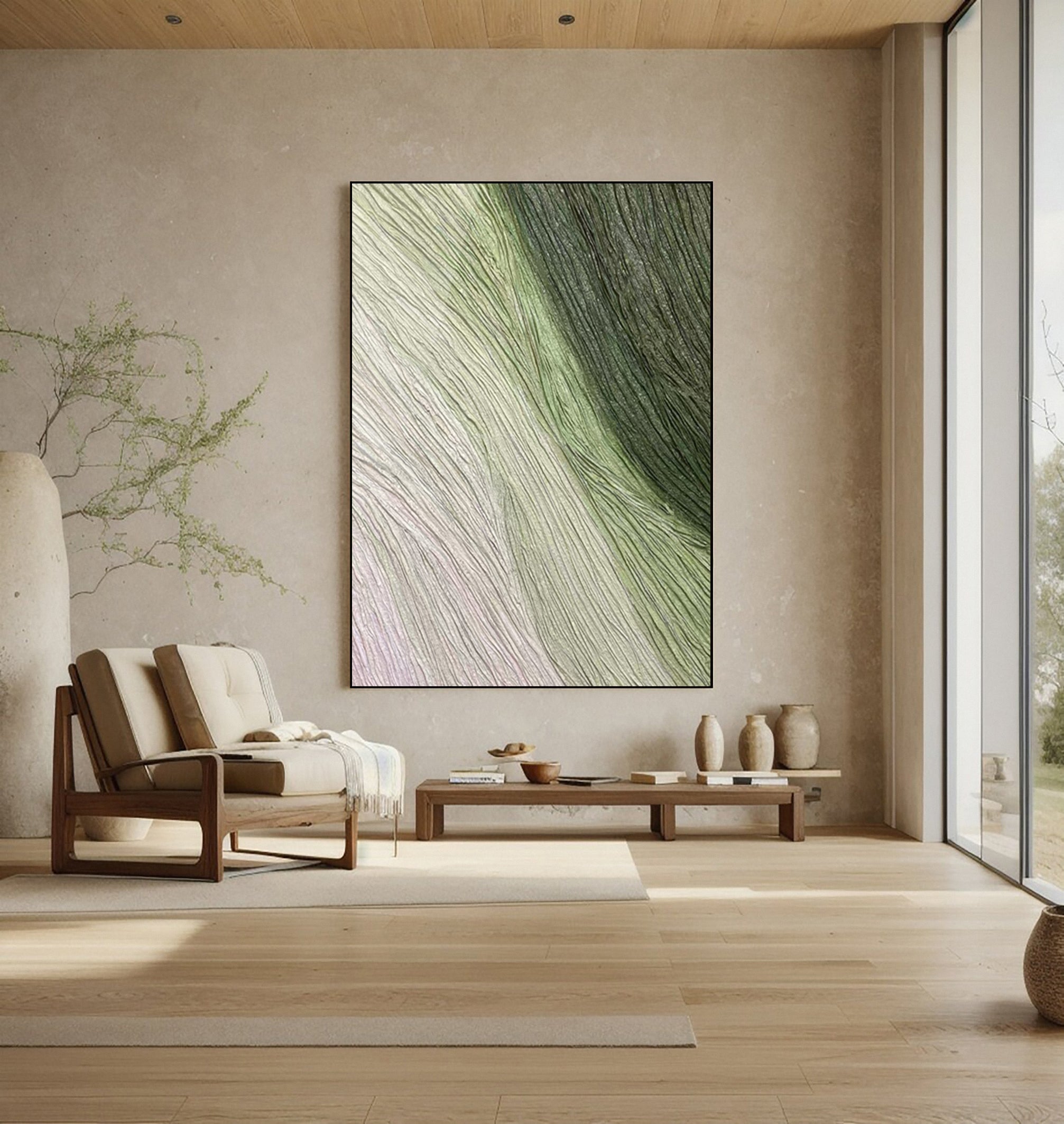 Green Modern Abstract Canvas with Gentle Textured Lines #BGA 267
