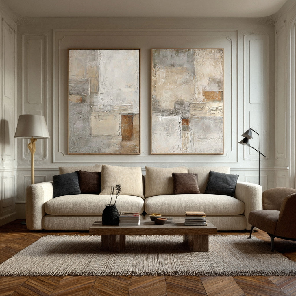 Large Beige & Gray Abstract Wall Decor Set of 2  #WG 014