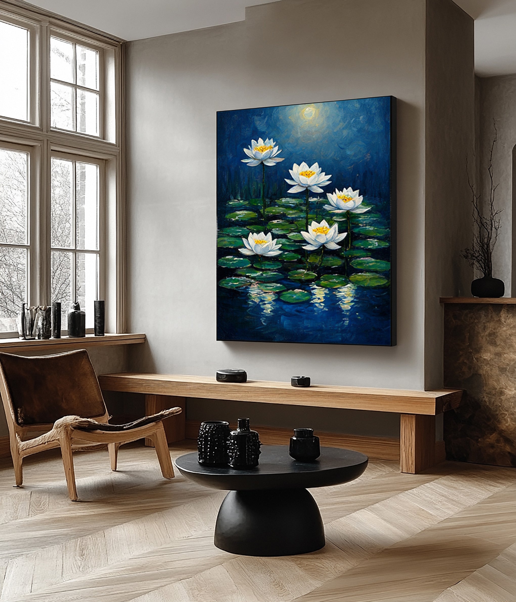 Modern Painting with Soft Light Illuminating Lilies on Dark Water #BGA 277