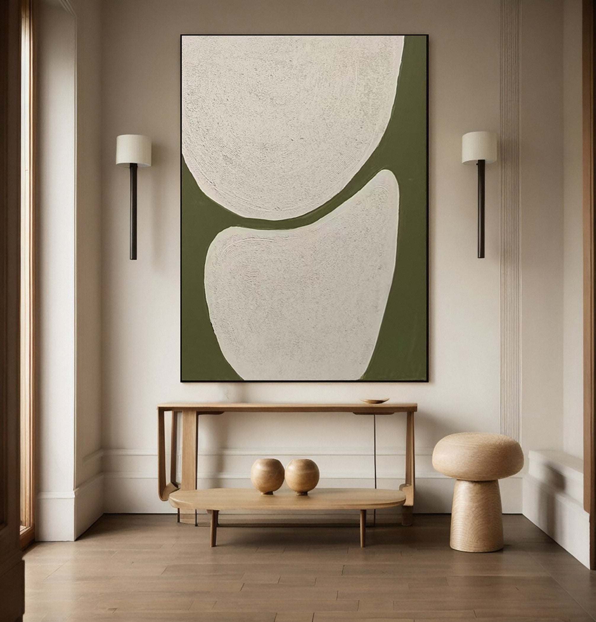 Abstract Canvas with Textured Light Forms on Green Field #BGA 258