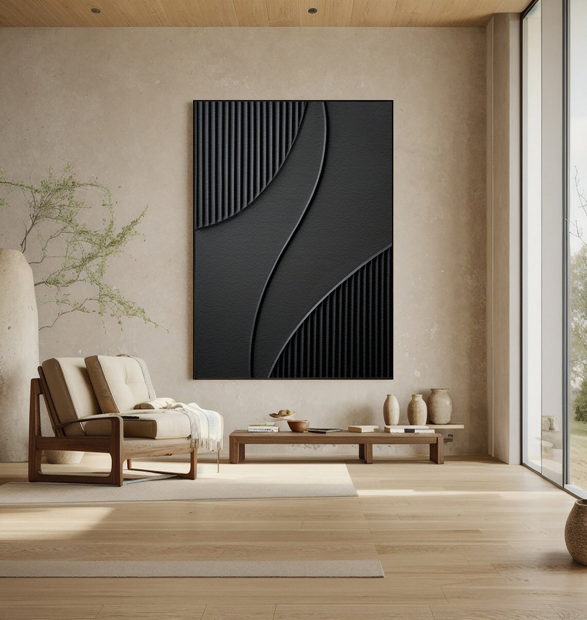 Modern Painting with Tactile Grooves and Flowing Black Forms #BGA 245