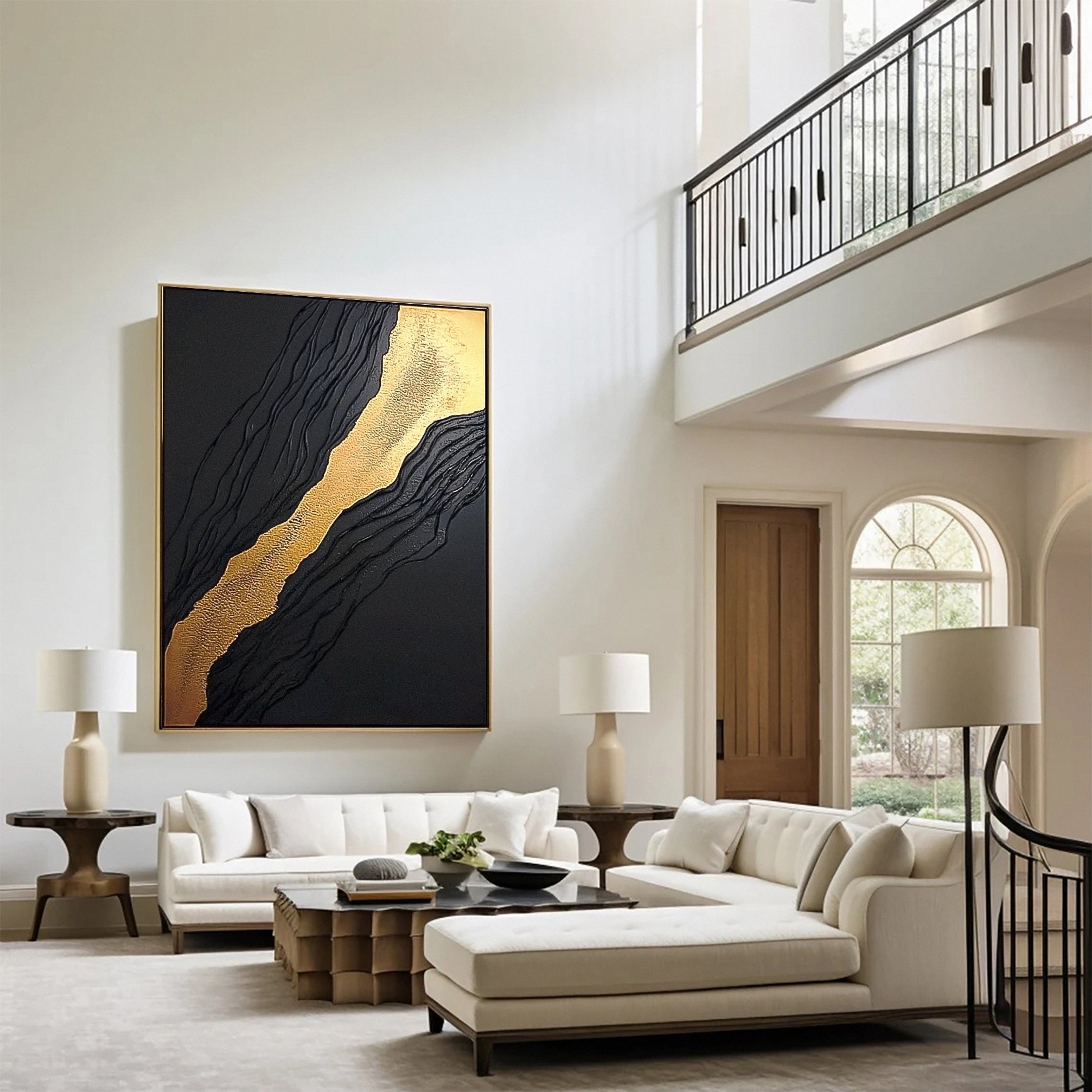 Luxury Waves Black and Gold Abstract Canvas Art #BM 083