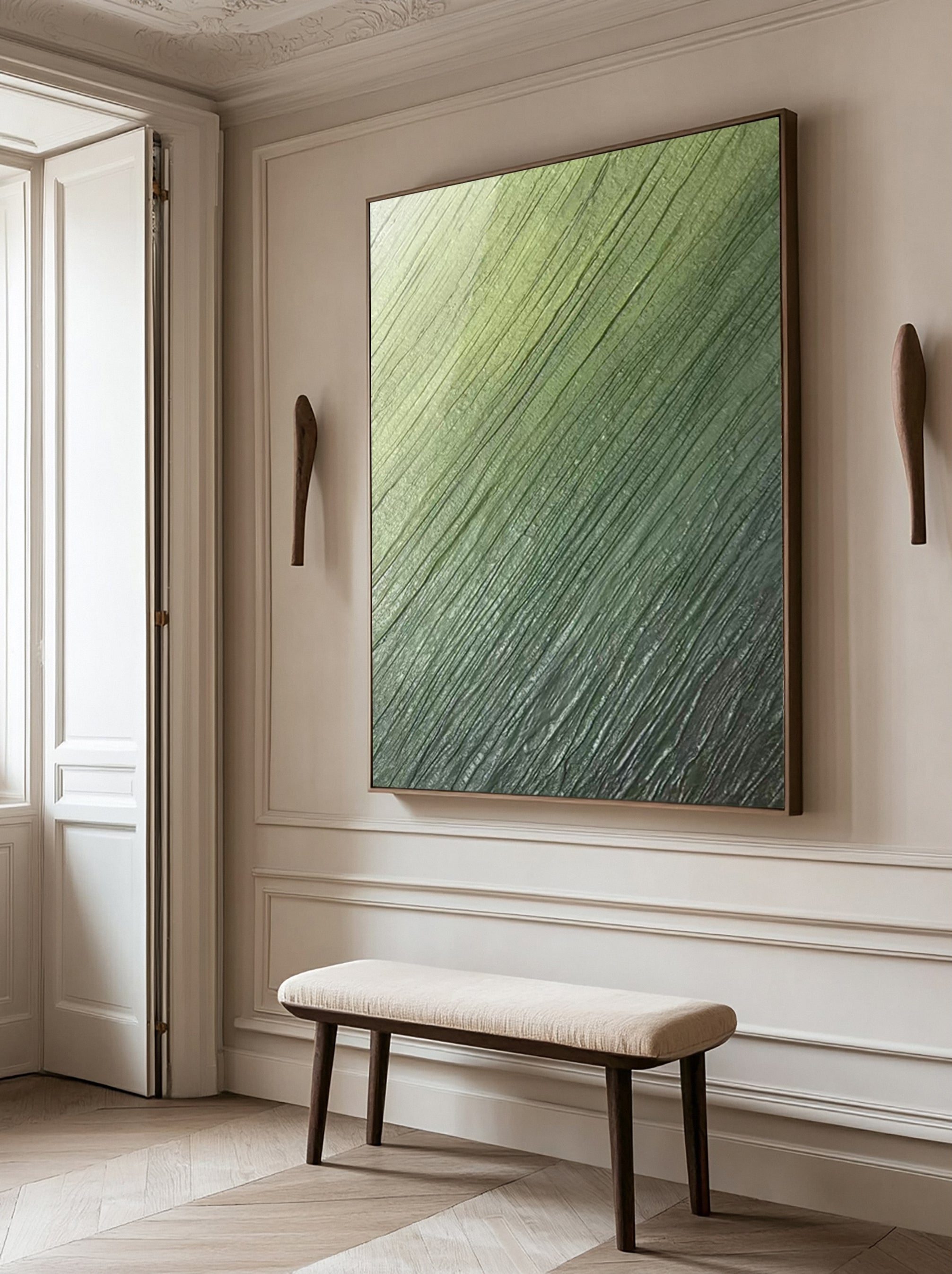 Contemporary Abstract Painting with Diagonal Green Striations #BGA 257
